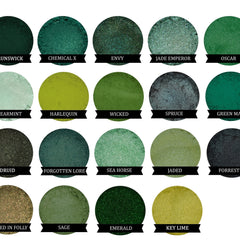Side view of vibrant lime green eyeshadow pan with smooth satin finish in compact case