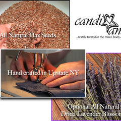 Flax seeds in hand, brown seeds, Candi Van brand text visible