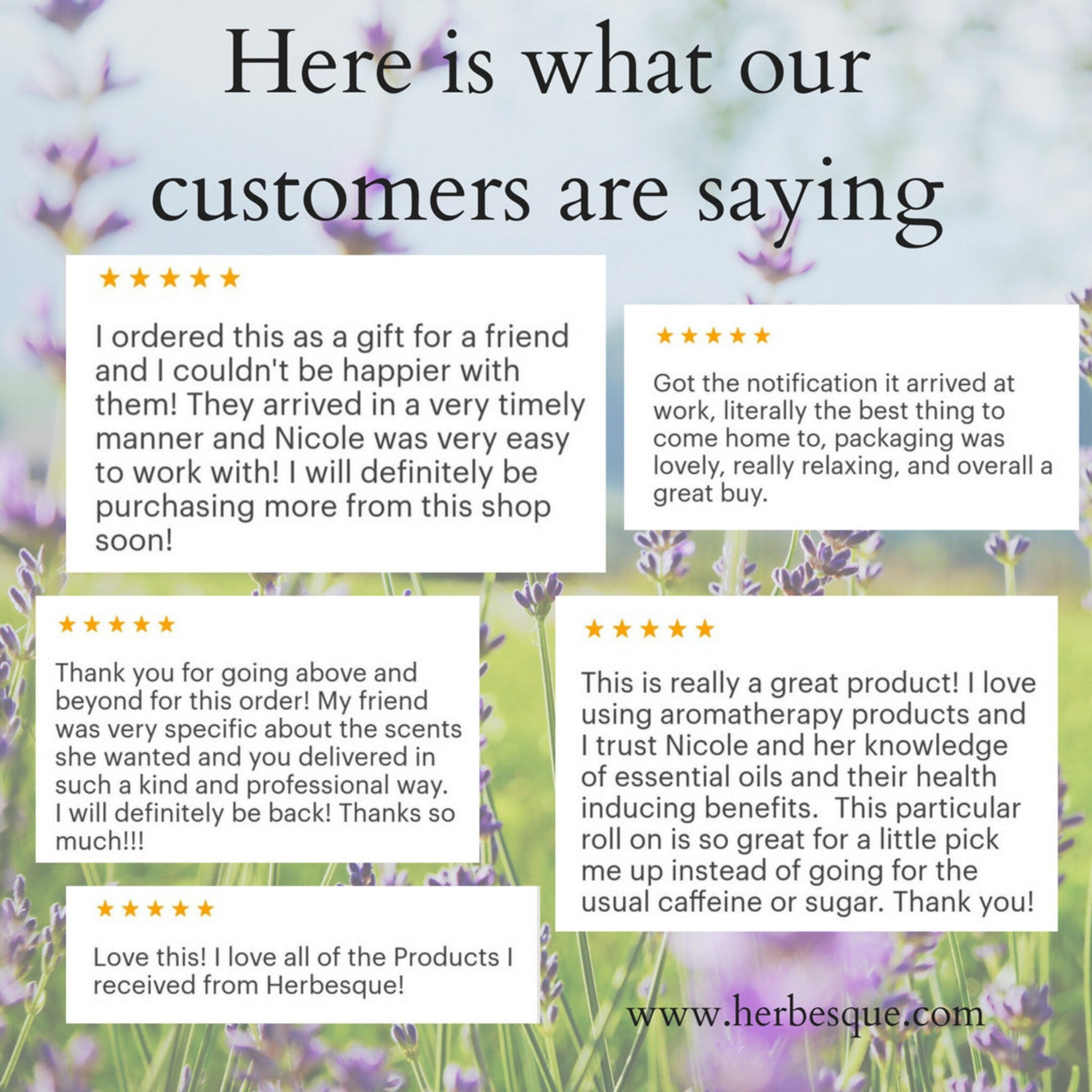 Customer reviews on white background with Herbesque logo, lavender background, star ratings