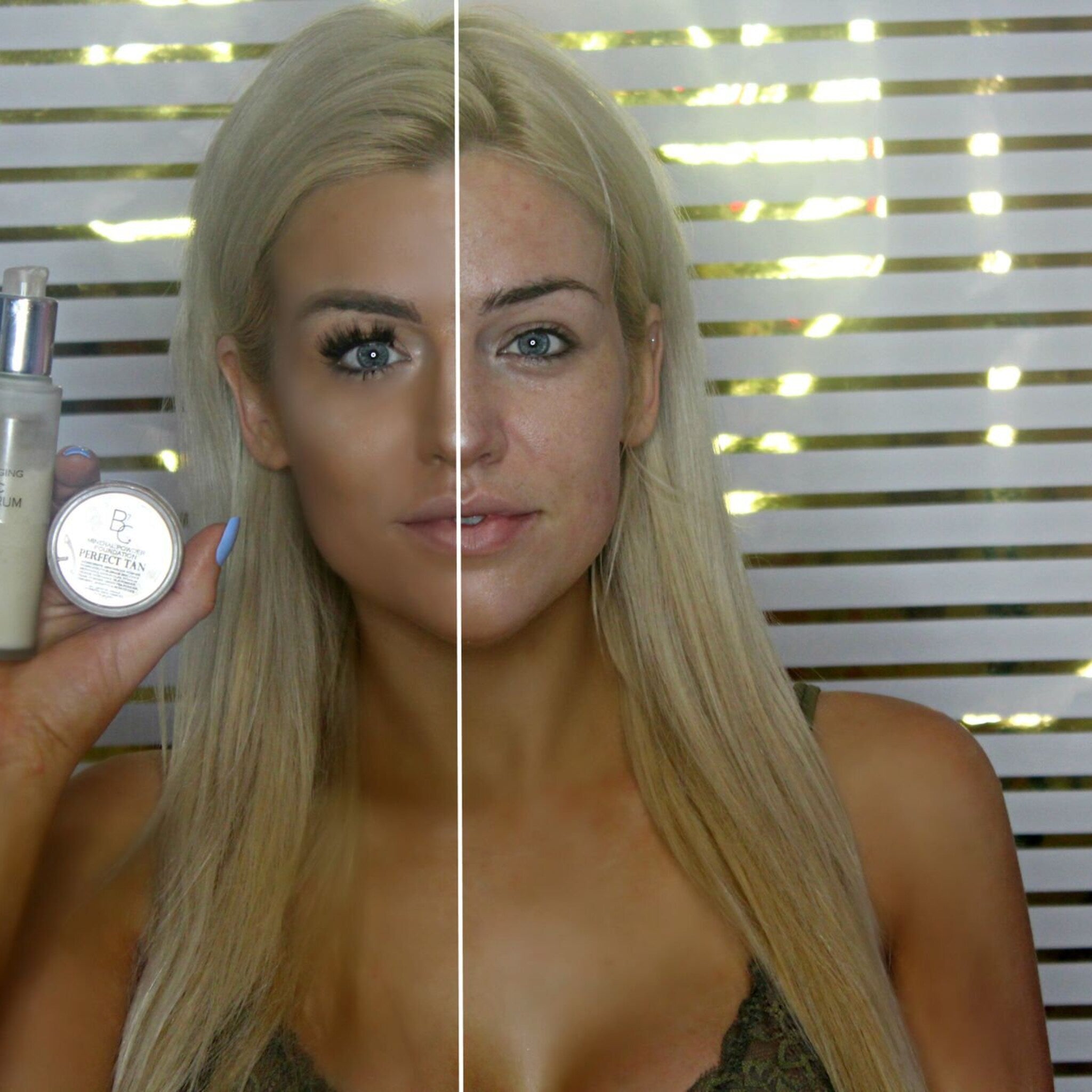 Makeup comparison photo showing fair skin, tanned skin, and BC Perfect Tan product in hand