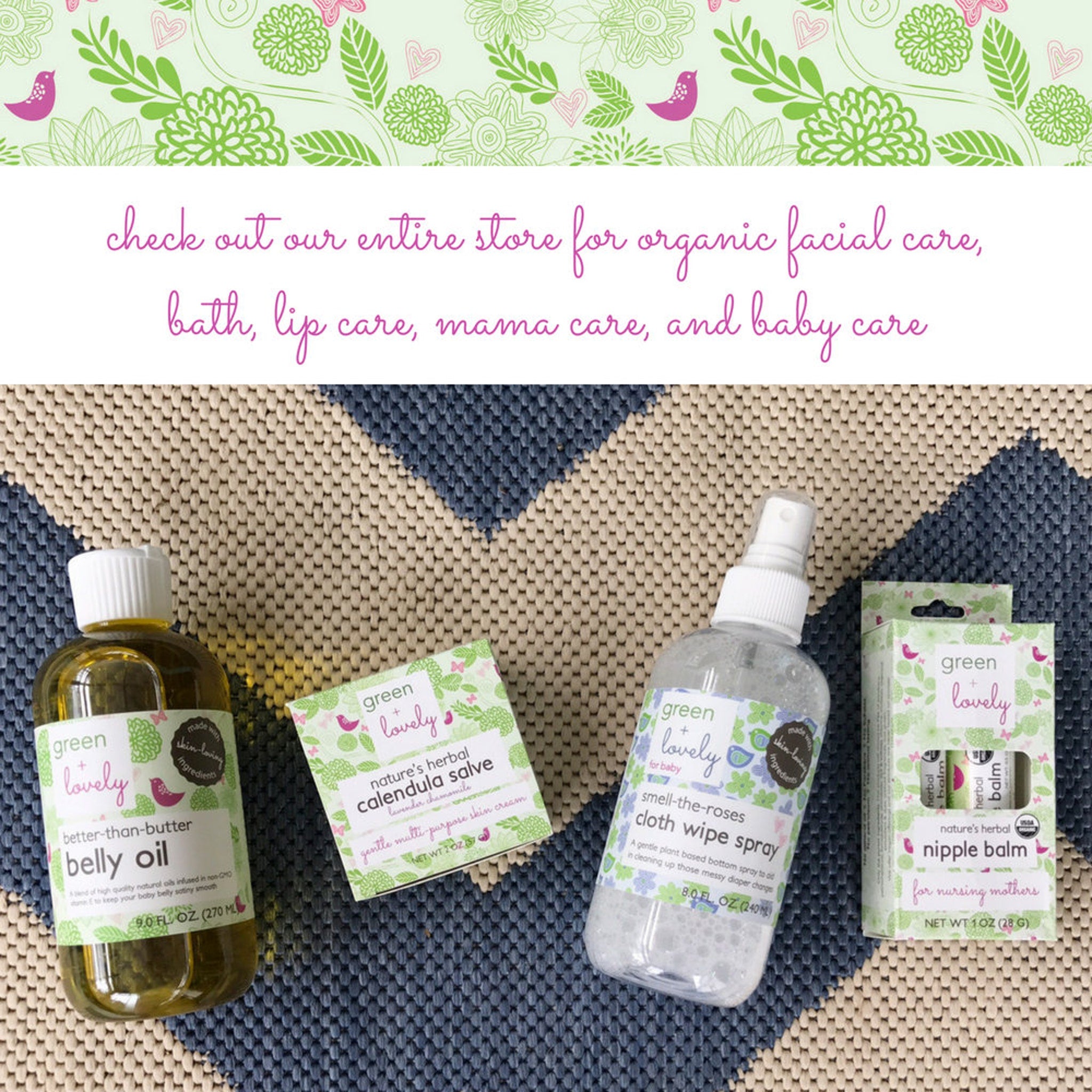 Baby care products with green and white labels, belly oil, nipple balm, and wipe spray on a patterned surface.