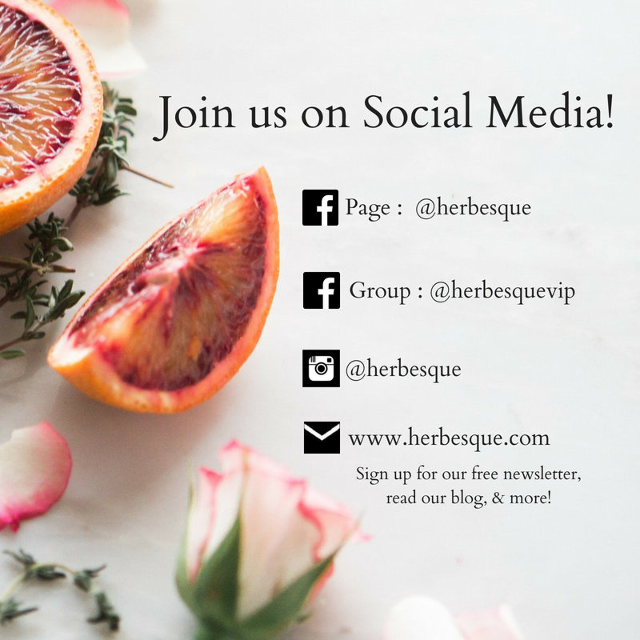 Social media graphic with orange fruit, pink flower, and @herbesque text
