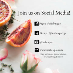 Social media graphic with orange fruit, pink flower, and @herbesque text