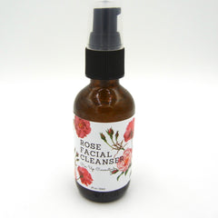 Rose Facial Cleanser brown glass bottle with black pump and floral label, Pin Up Cosmetics brand