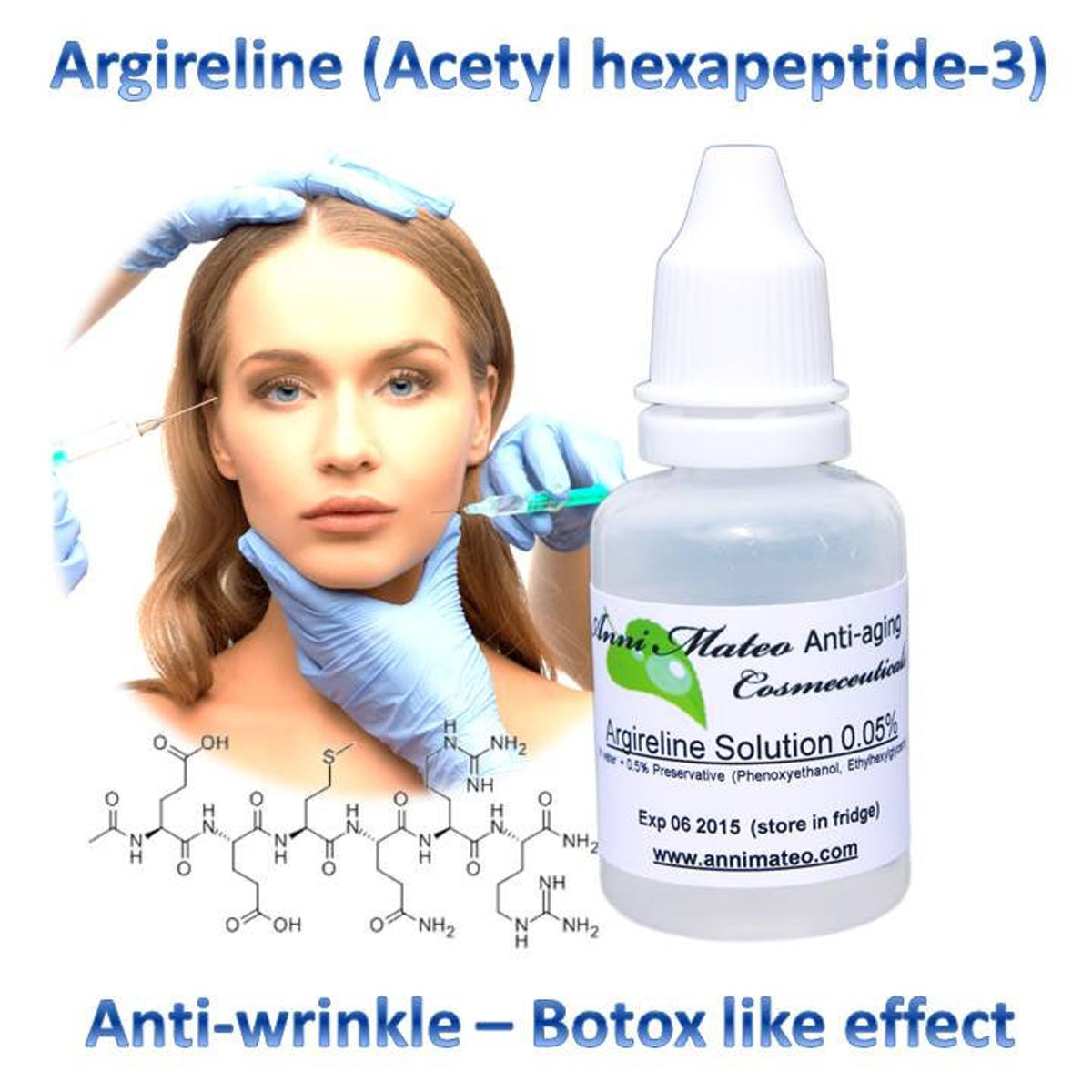 Clear glass bottle of argireline peptide serum with dropper and minimalist label for anti-aging skincare