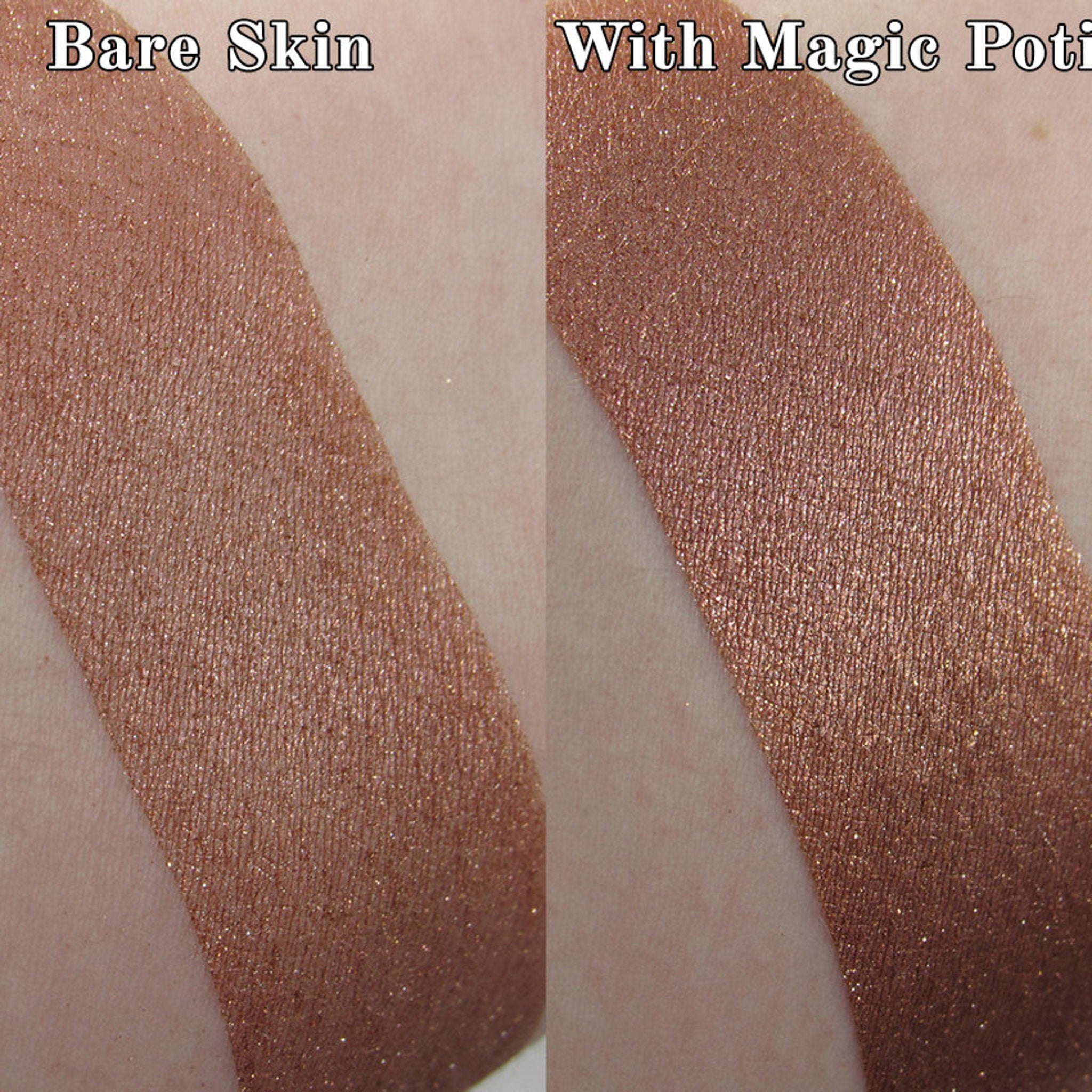 Dark copper brown vegan loose powder eyeshadow in a sleek black jar with gold lid, shown open with sifter