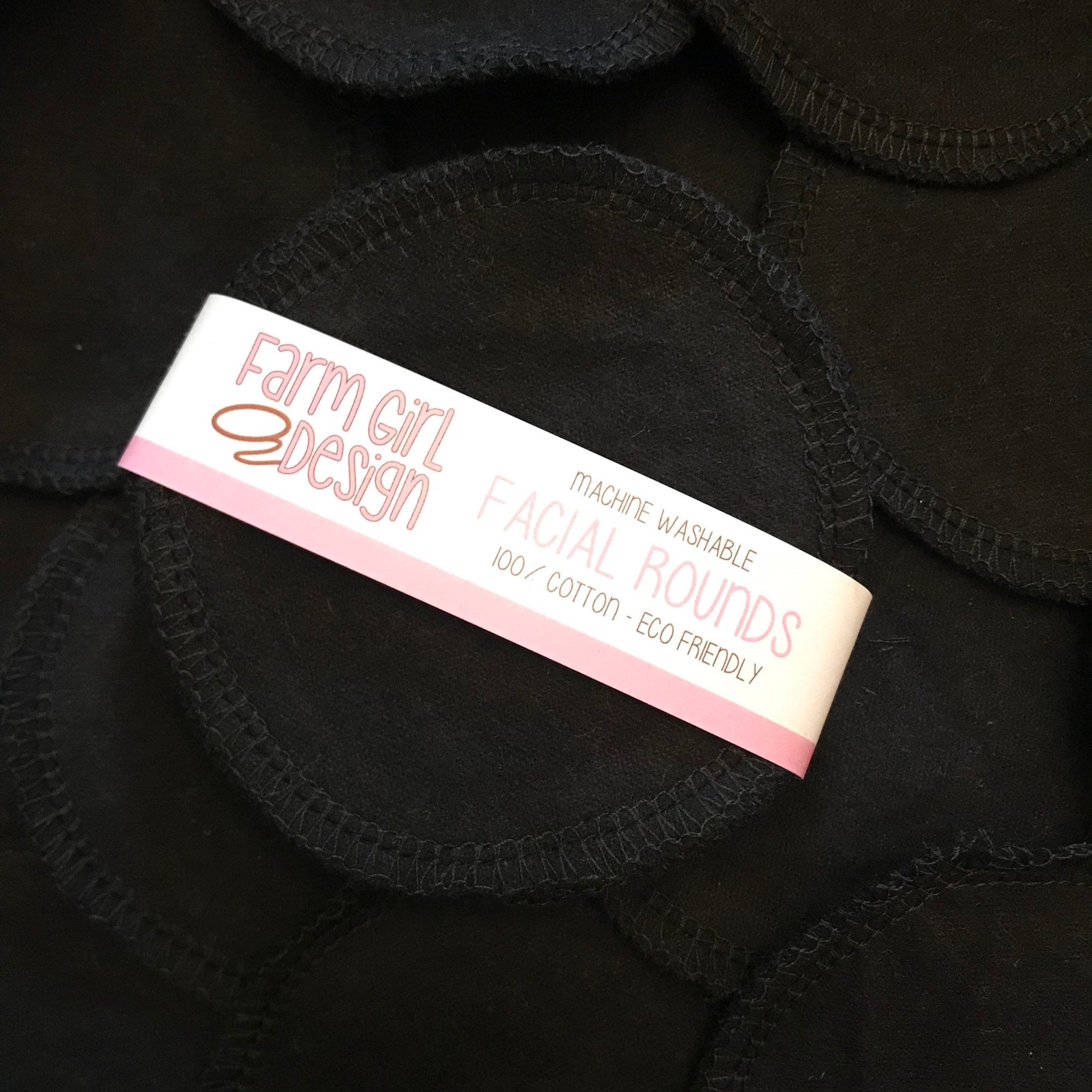 Facial rounds, black cotton fabric with stitched edges, Farm Girl Design label visible