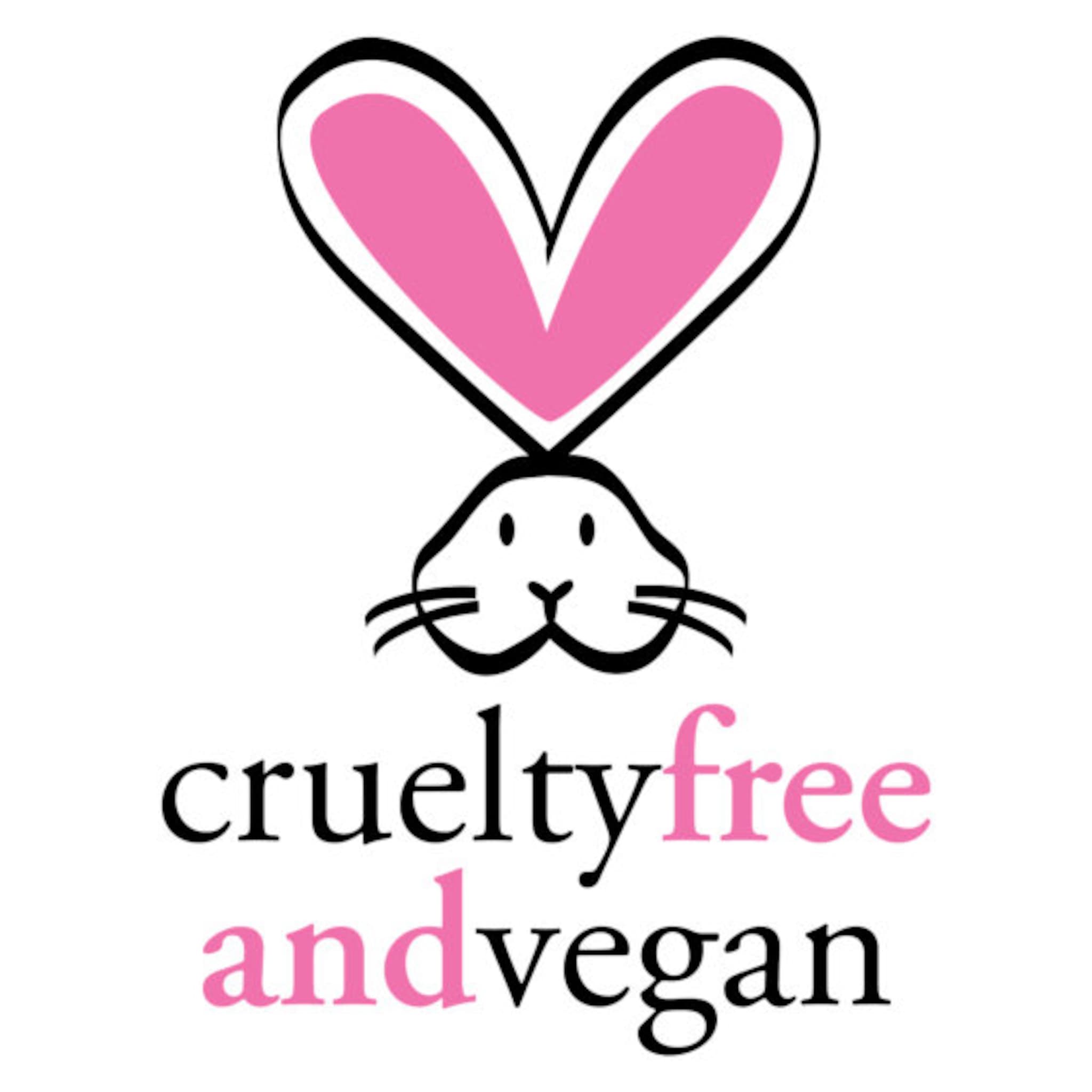 Cruelty-free and vegan logo with pink heart, black bunny outline, and text in black and pink