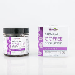 Coffee body scrub with black glass jar, white box, and Fivesso branding