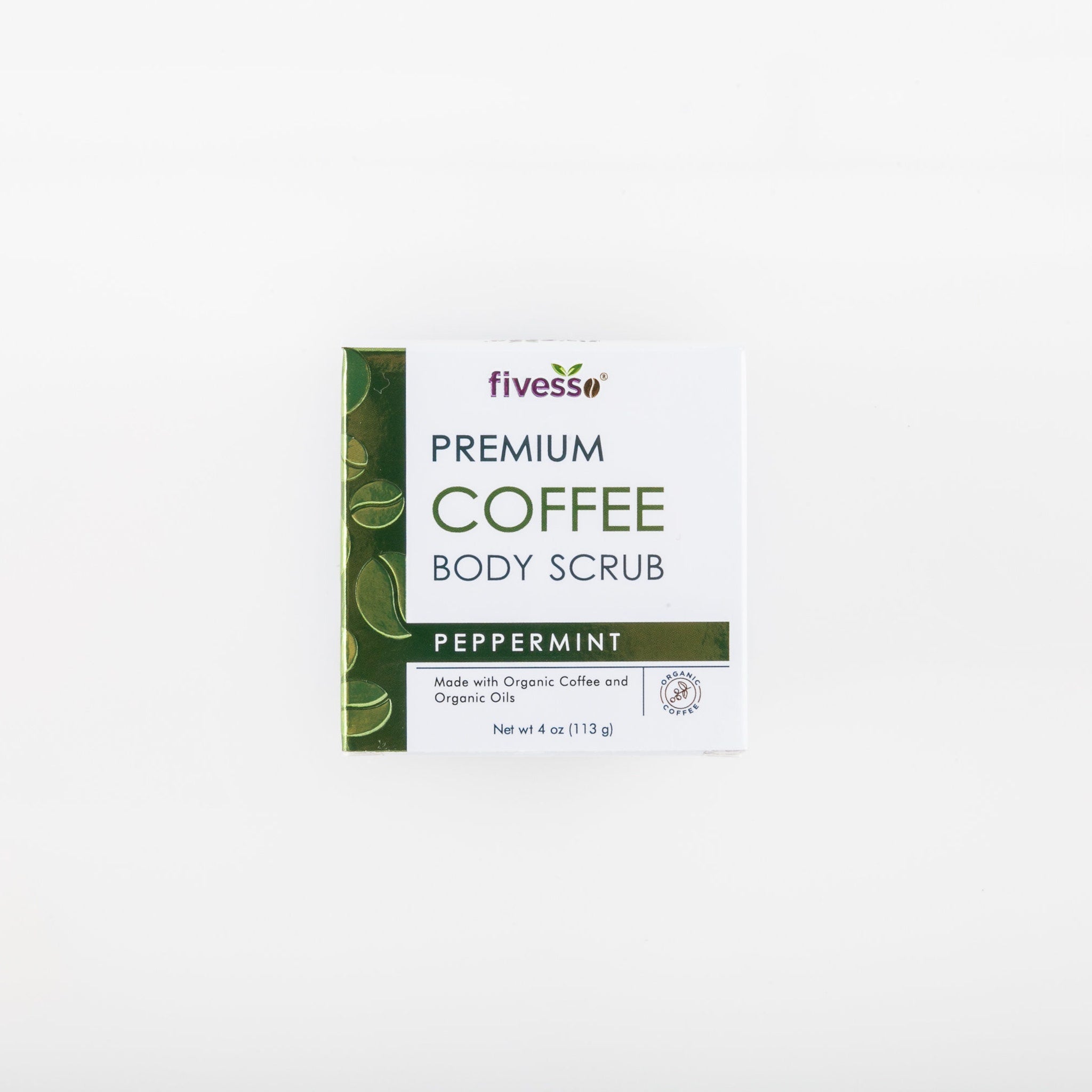 Coffee body scrub in white box with green accents and "fivesso" brand name