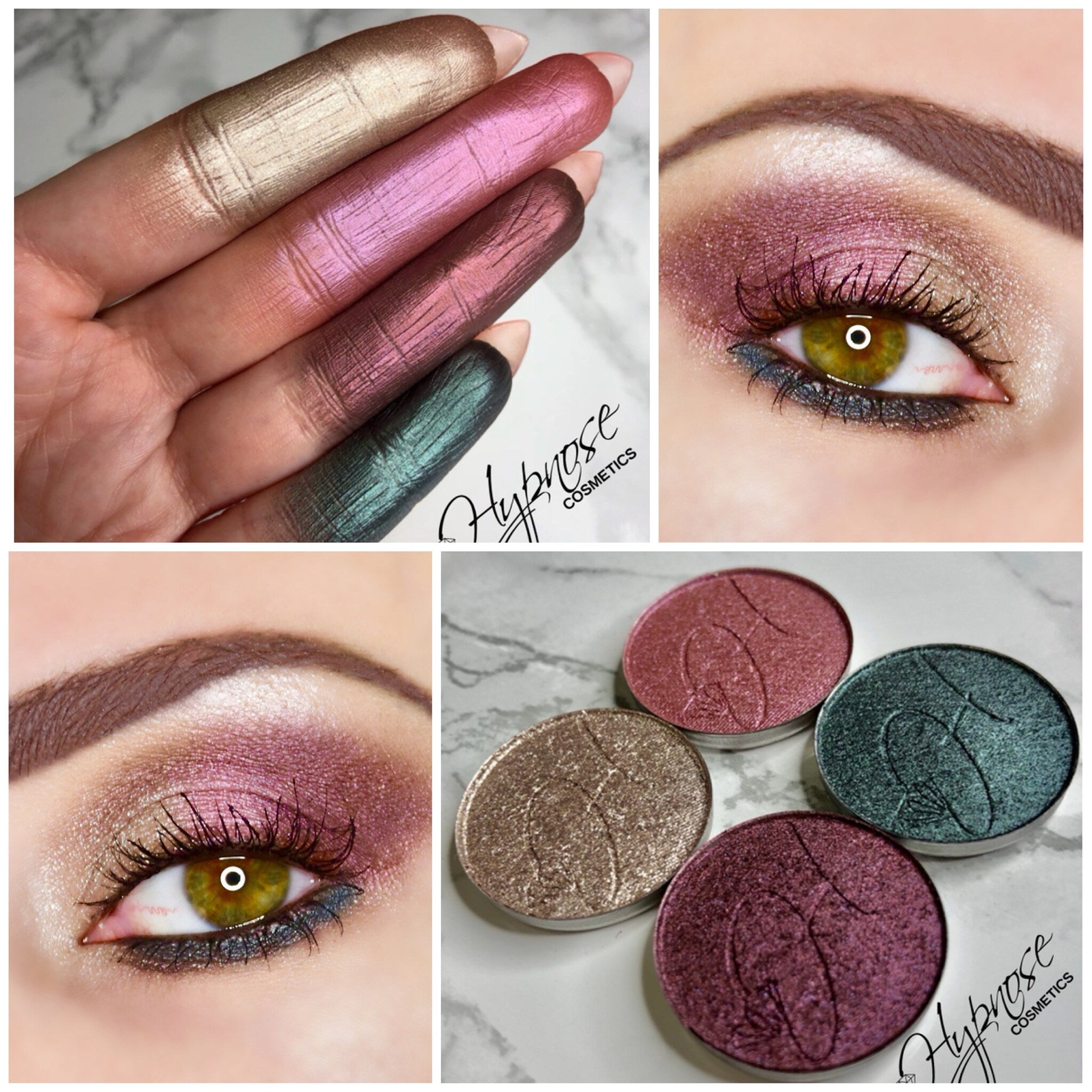 Close-up of duochrome foiled eyeshadow pan in cerise, showing metallic pink and gold shift on smooth surface
