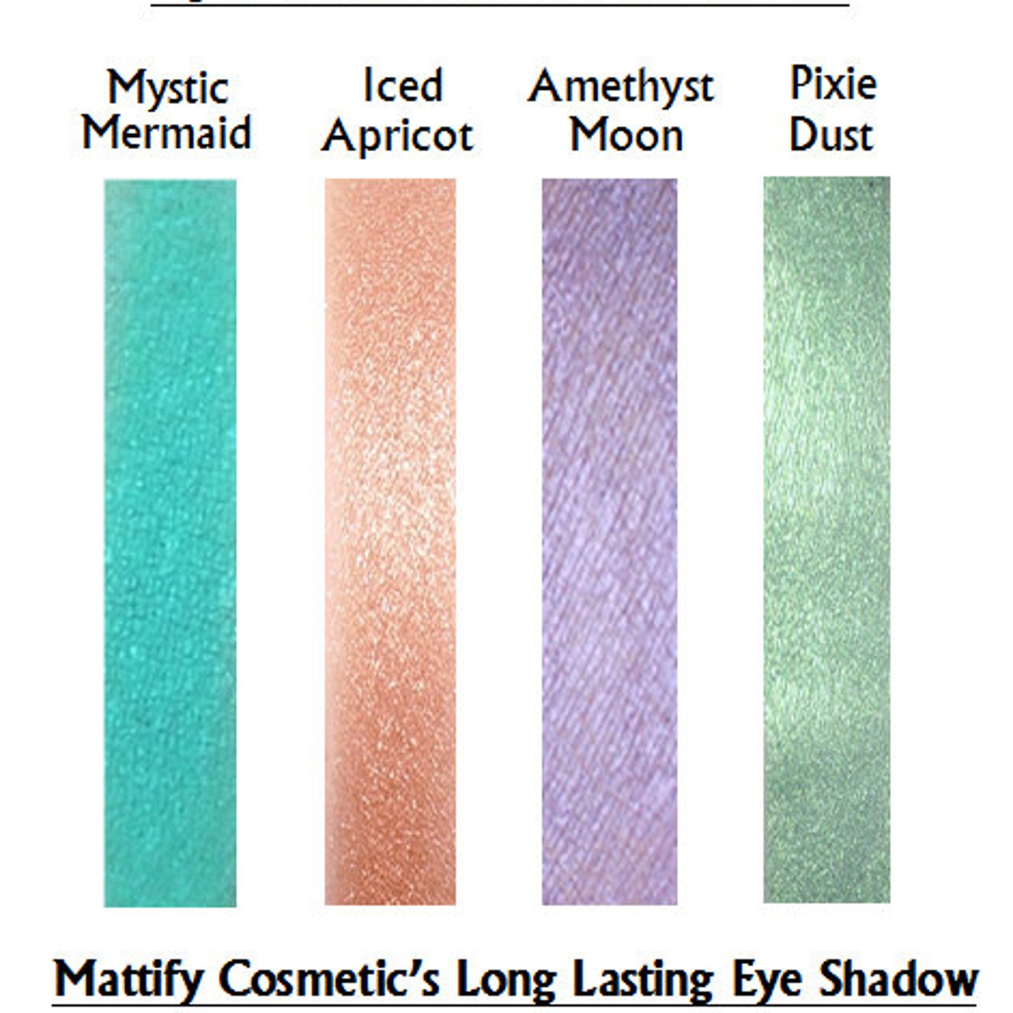 Close-up of iridescent teal and purple eyeshadow with sparkling glitter particles in compact pan