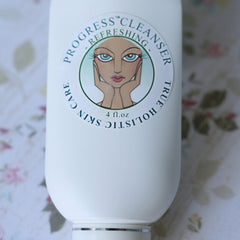 Cleanser bottle, white bottle with Progress Cleanser label, illustration of face, 4 fl oz size