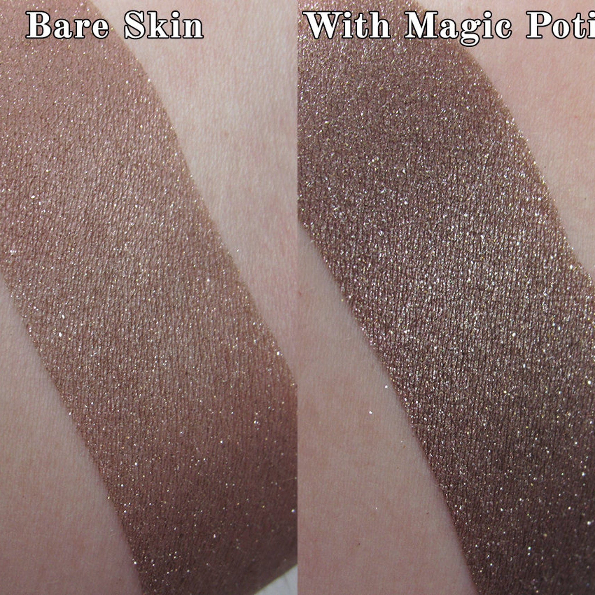 Swatches of brown eyeshadow, with glitter, and applied on skin, for comparison