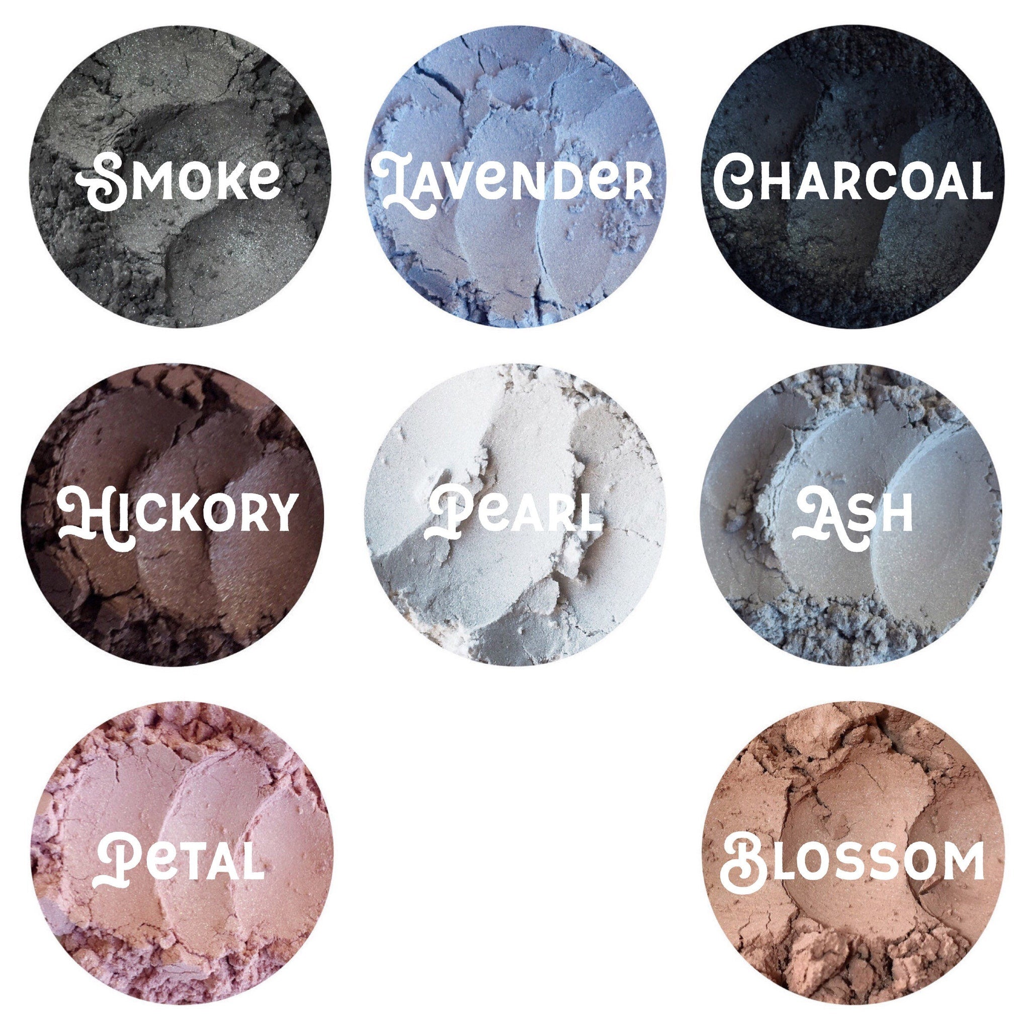 Side view of loose mineral eyeshadow in glass jar with metallic lid, showcasing powder texture and vegan label details
