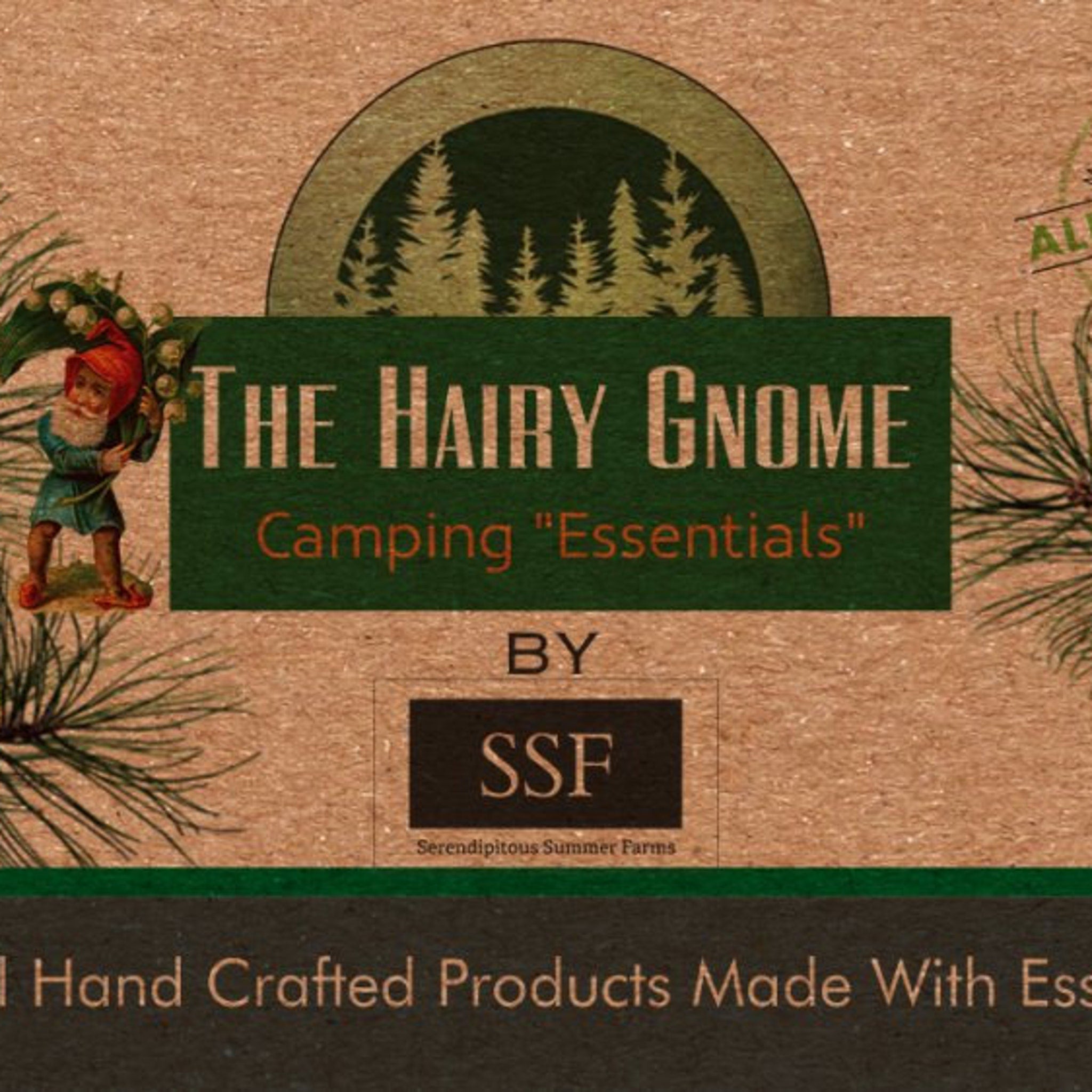 Hairy Gnome logo with green and brown color scheme, text "The Hairy Gnome" and "Camping Essentials" displayed