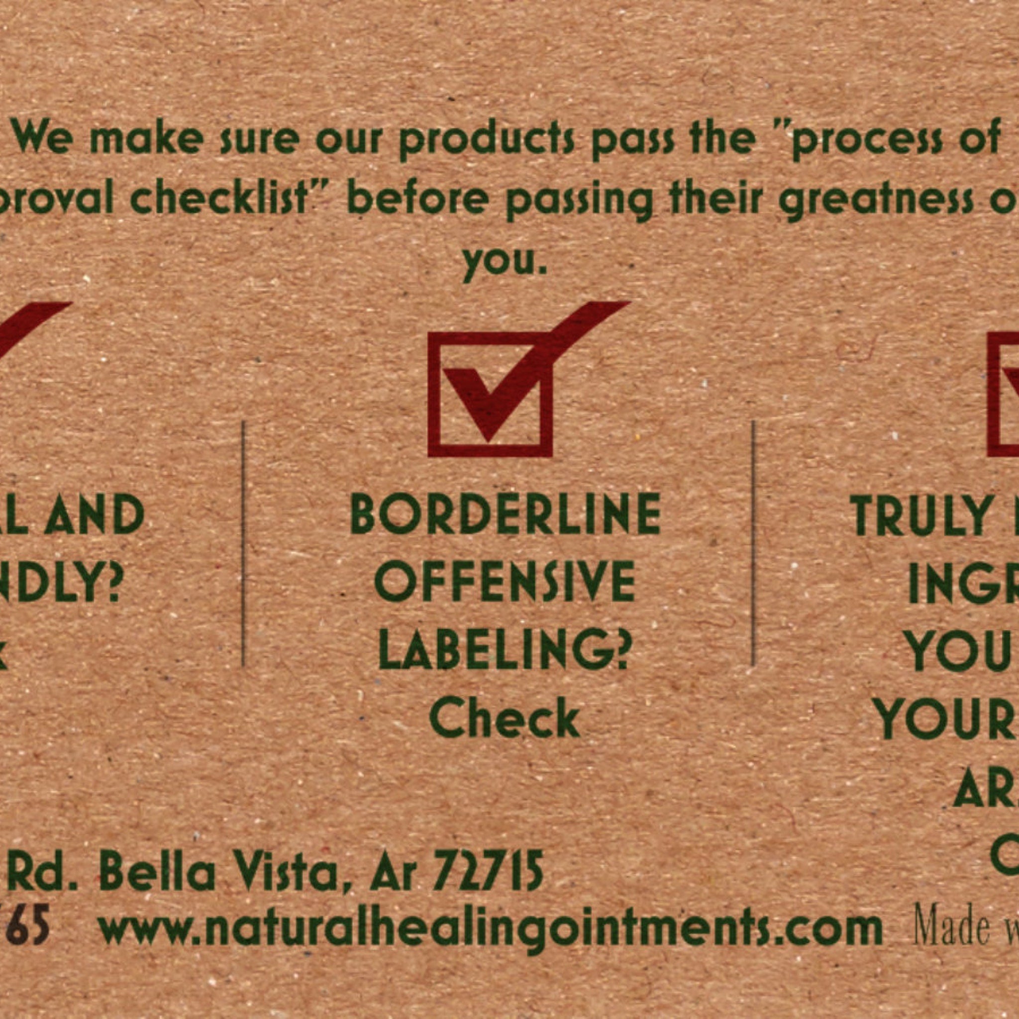 Text on brown paper background with green and red text, including a check mark and website address