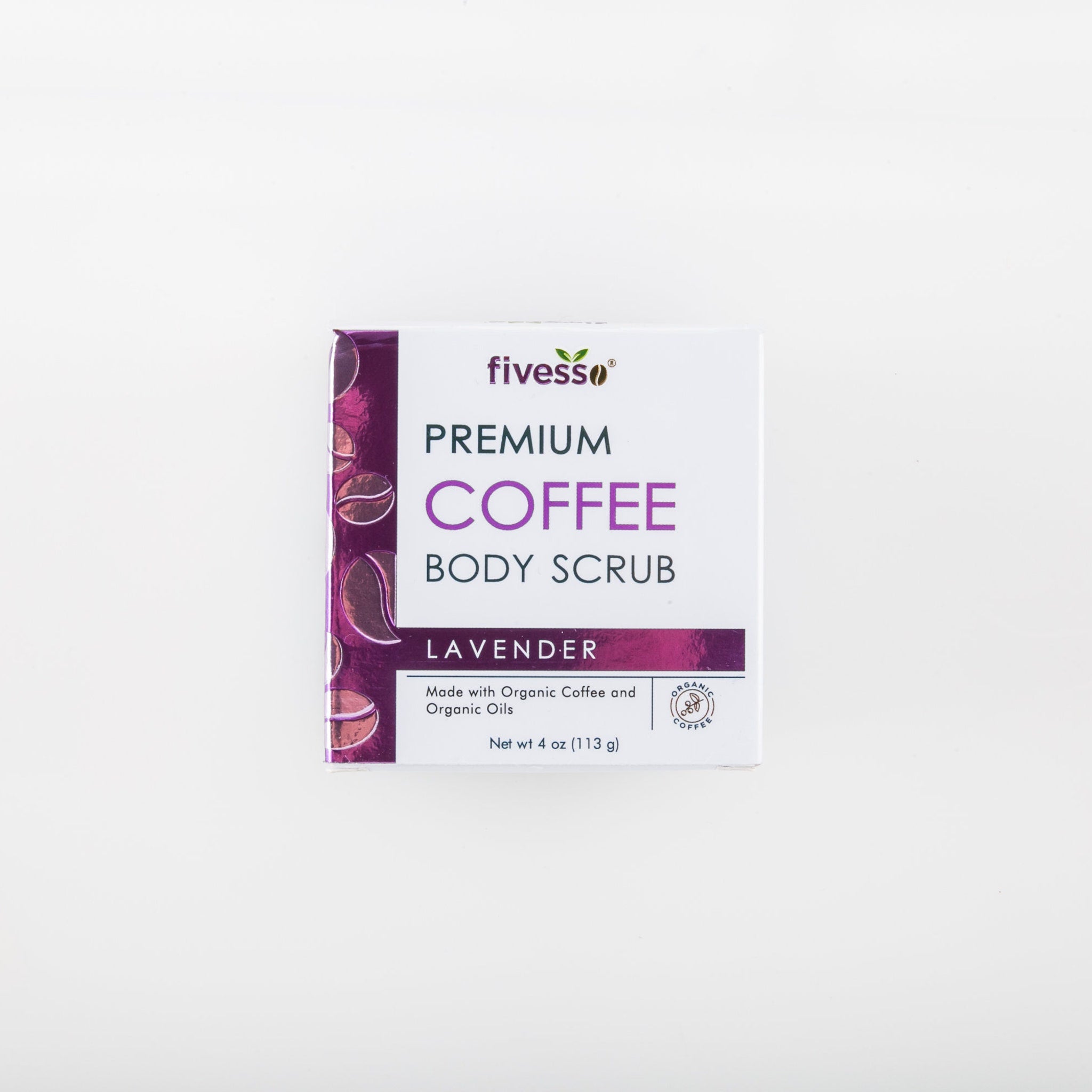 Coffee body scrub in white box with purple accents and fivesso brand text