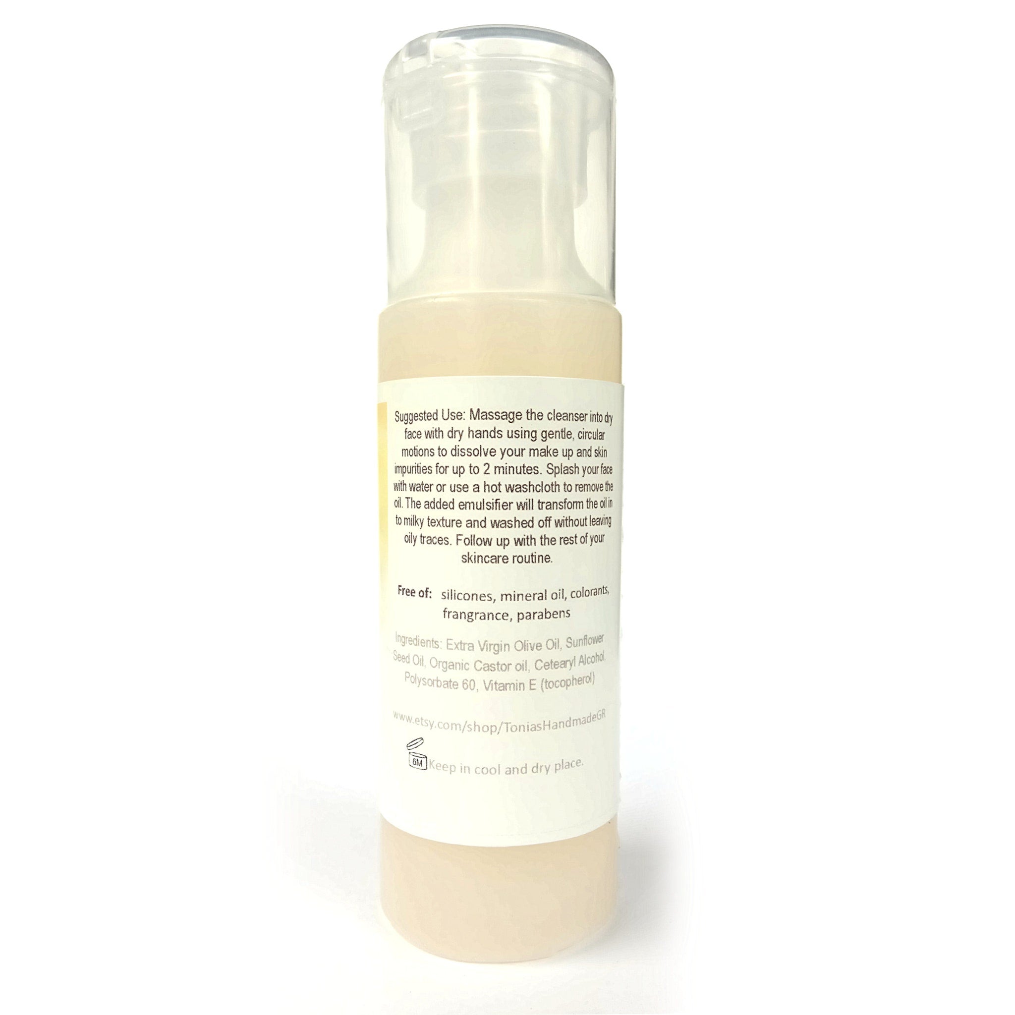 Cleanser bottle with clear cap, beige body, and text from ToniasHandmadeGR