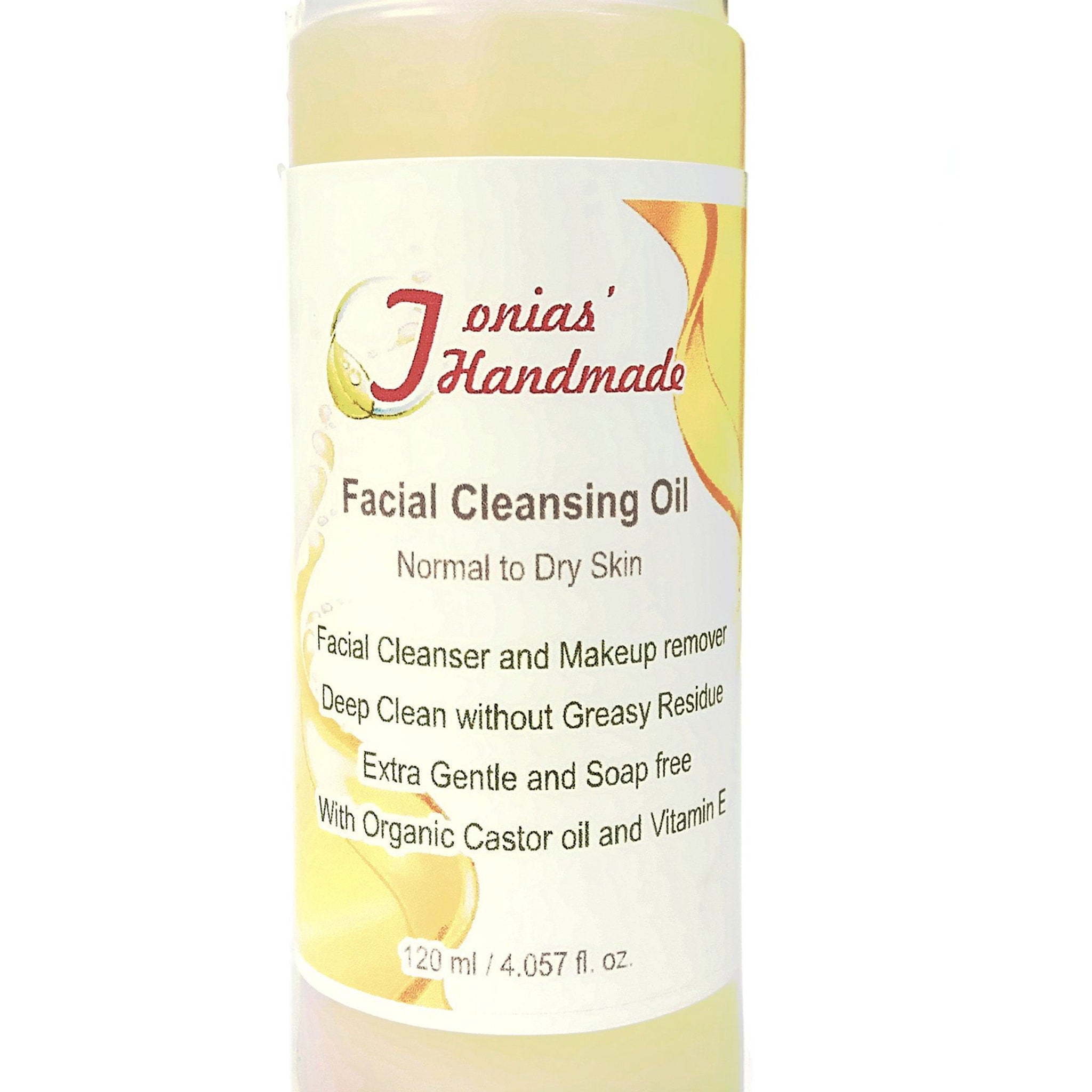Facial Cleansing Oil bottle with yellow liquid, white label, and Tonias' Handmade text