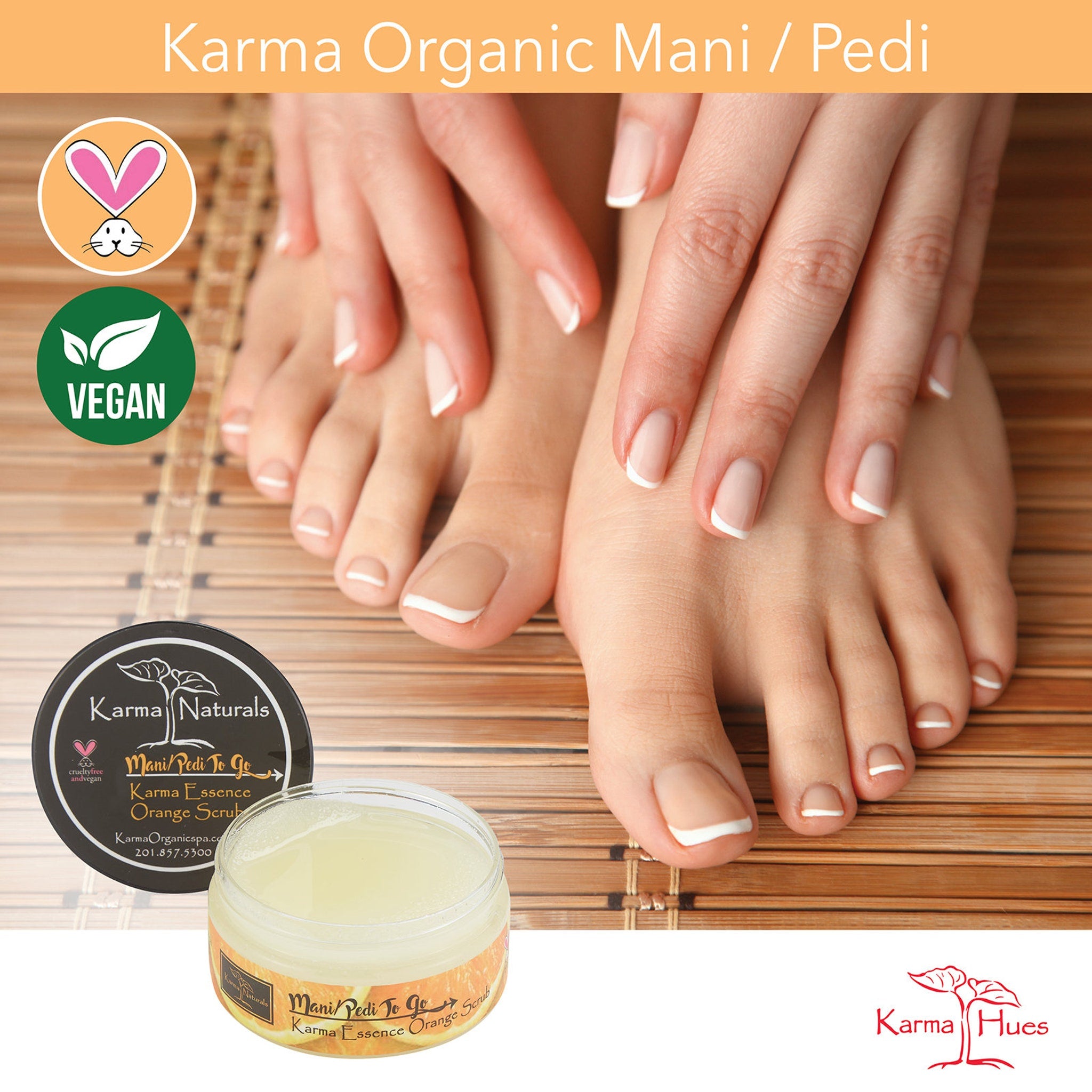 Mani Pedi with French tip nails on foot, with Karma Naturals scrub and vegan logo on bamboo mat