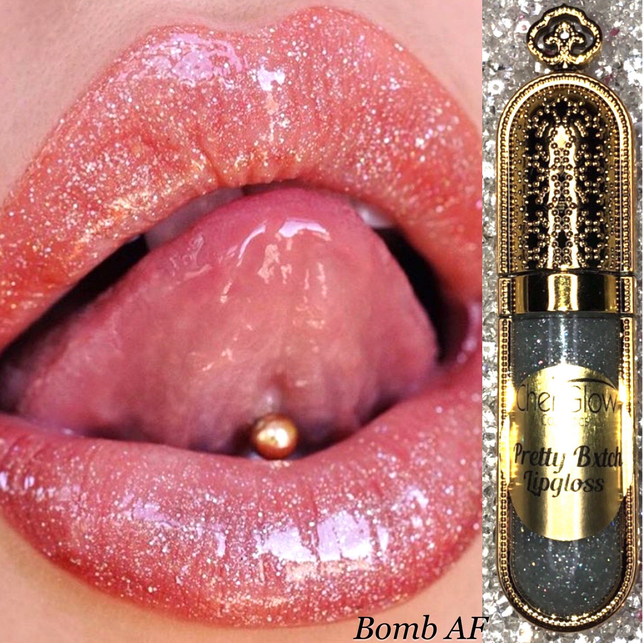 Lip gloss with glitter, pink lips, and Cher Glow "Pretty Bxtch" label on bottle