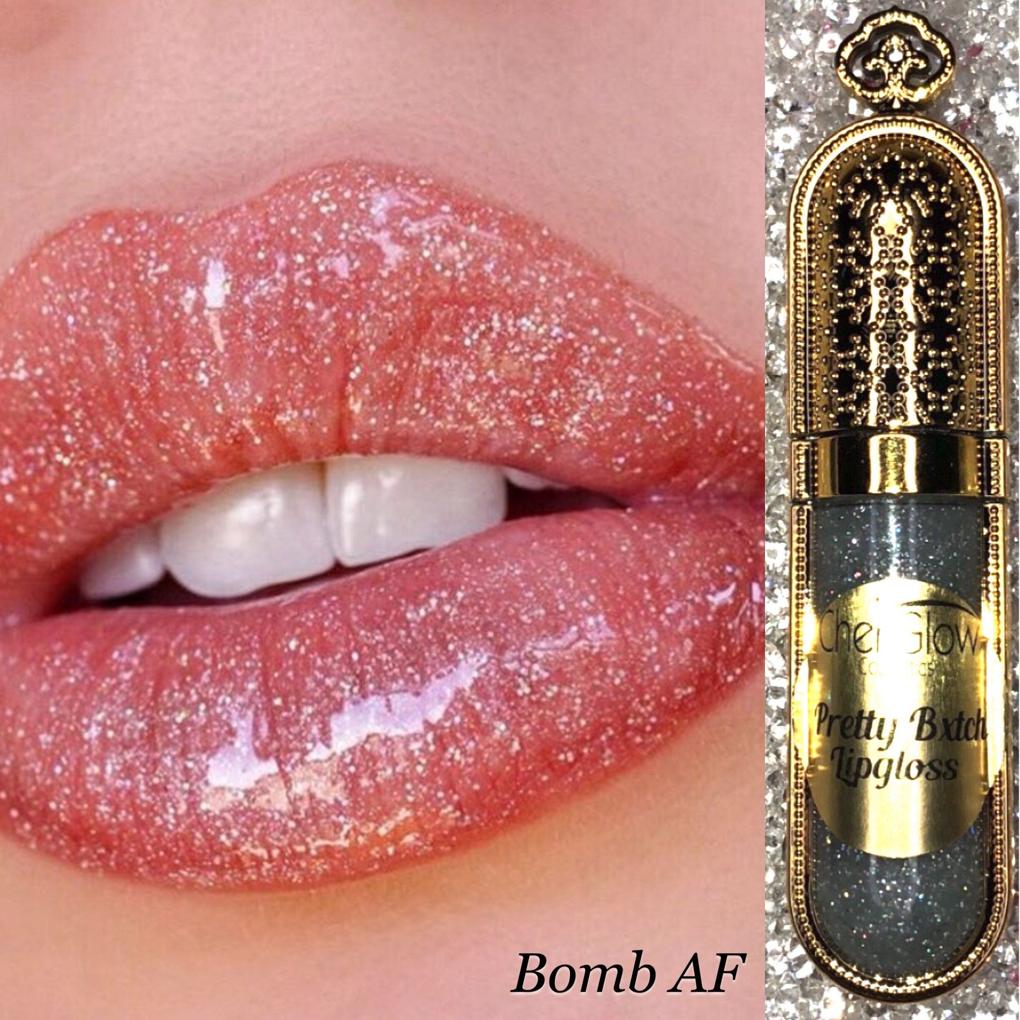 Lipgloss with pink glitter, visible on lips, with Cher Glow brand label and gold accents