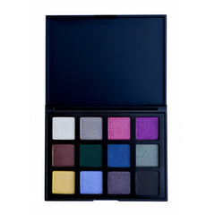 Close-up of 12 vibrant pressed powder eyeshadows in matte and shimmer finishes, arranged in a sleek black palette
