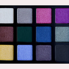 Open Bright Tone Eyeshadow Palette displaying 12 vibrant powder shades in a sleek black compact
