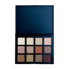 Eyeshadow palette with navy blue case and various neutral color eyeshadows for makeup application