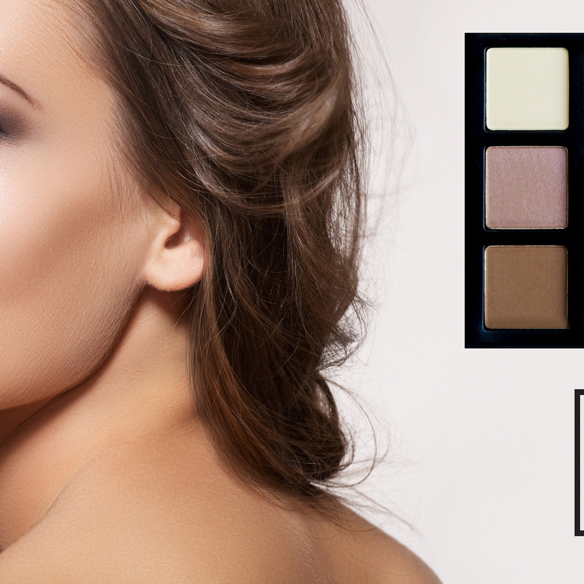 Eyeshadow palette with cream, mauve, and brown shades, shown with woman's face and hair