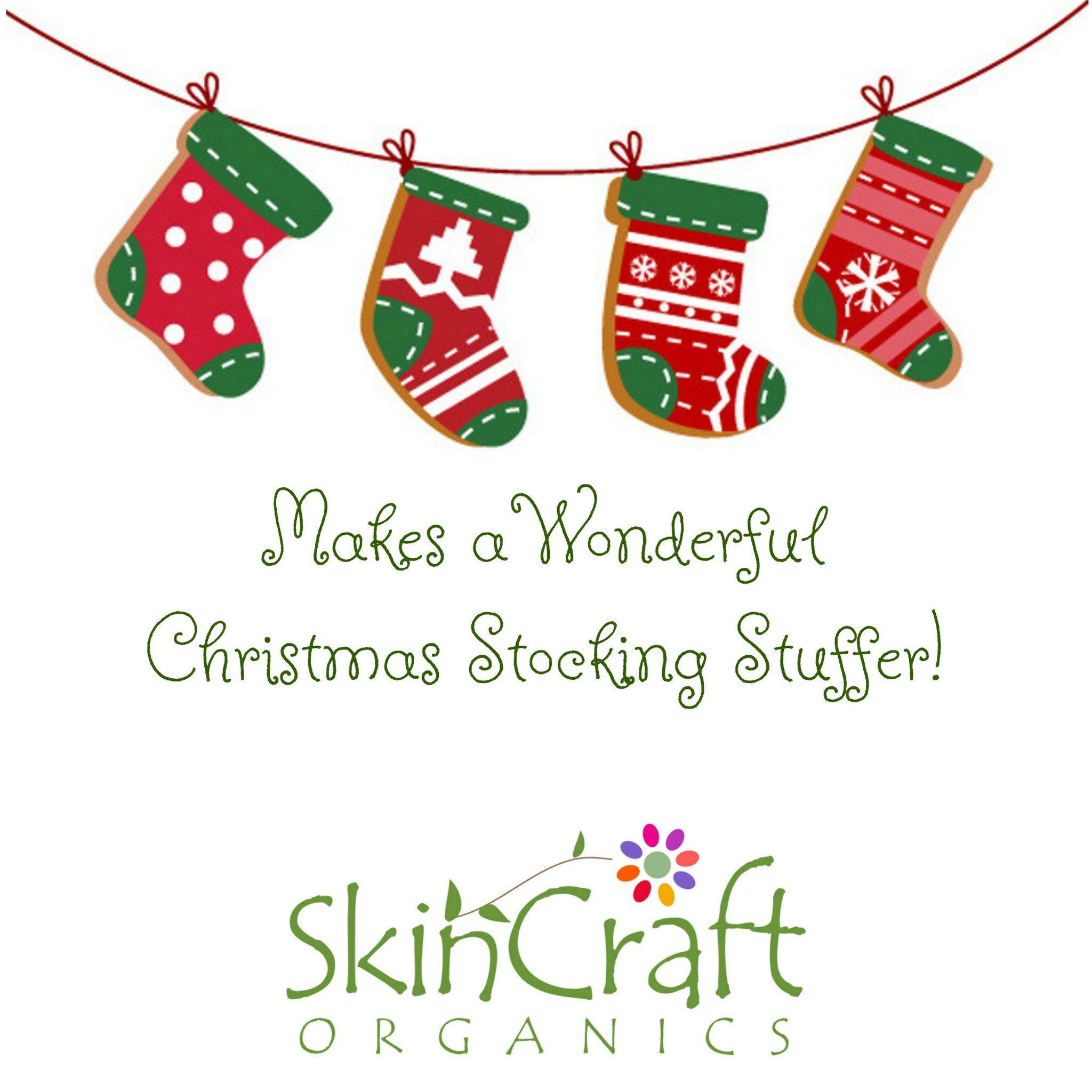 Christmas stockings hanging, red and green with white patterns, SkinCraft Organics branding