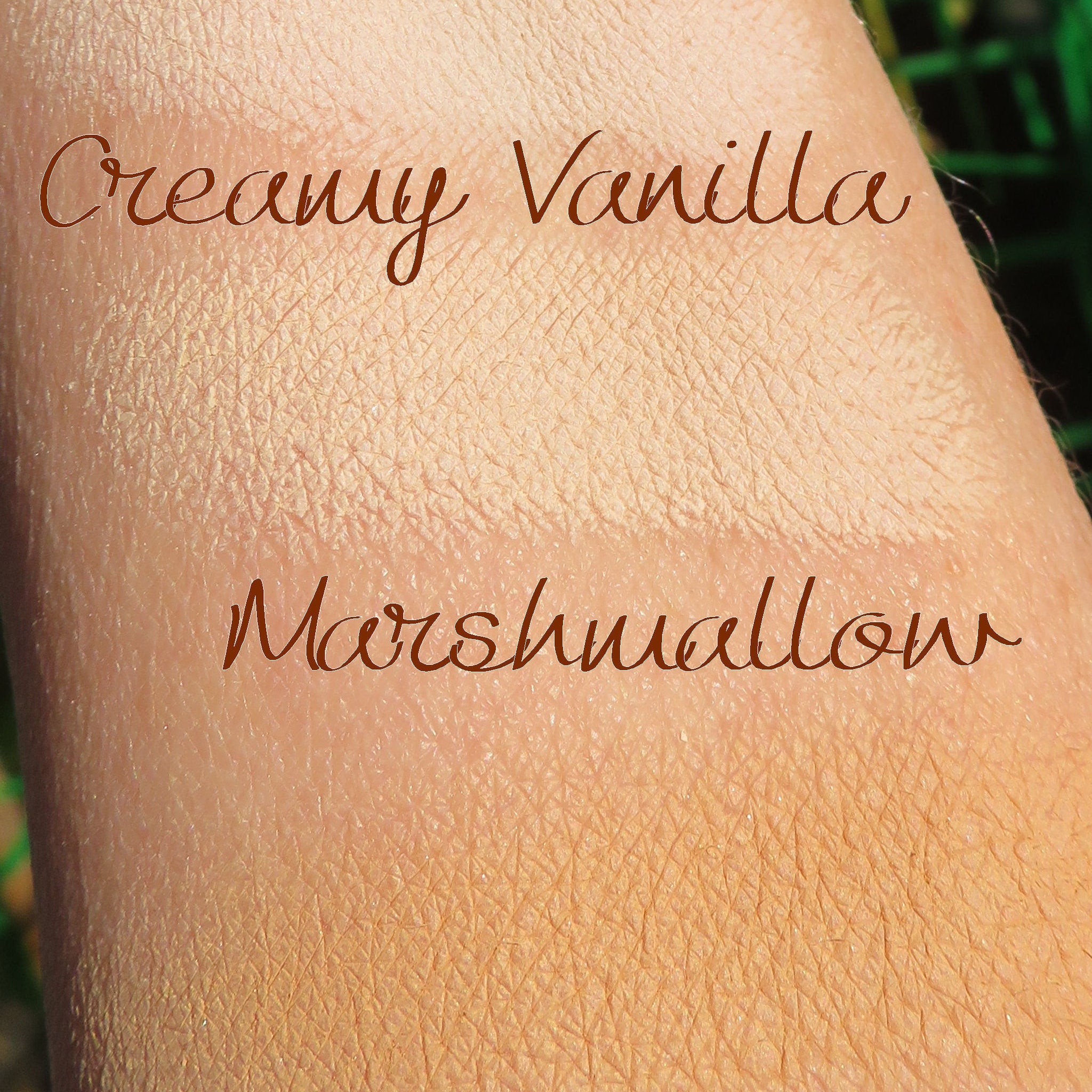 Swatch comparison of two shades, Creamy Vanilla and Marshmallow, on skin, with visible texture