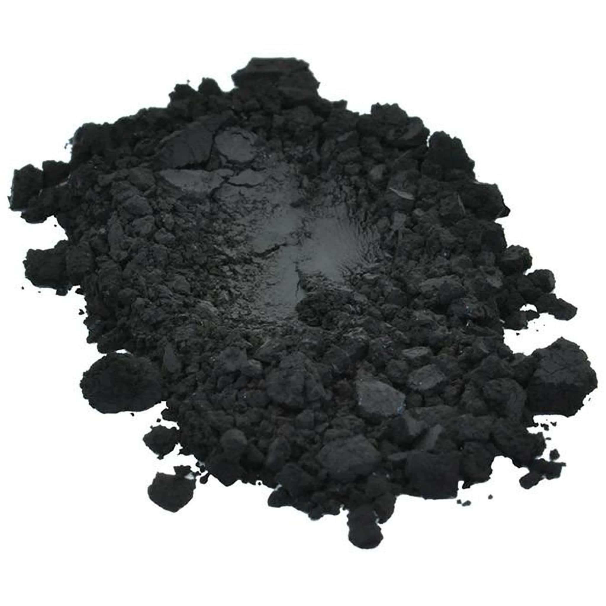 Side view of black iron oxide pigment powder in a sealed plastic jar with matte finish and white label