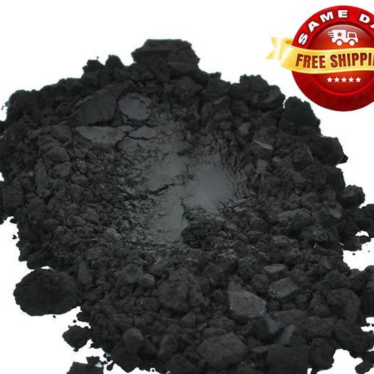 Black iron oxide pigment powder in a sealed plastic jar with a white screw-top lid and matte black label.