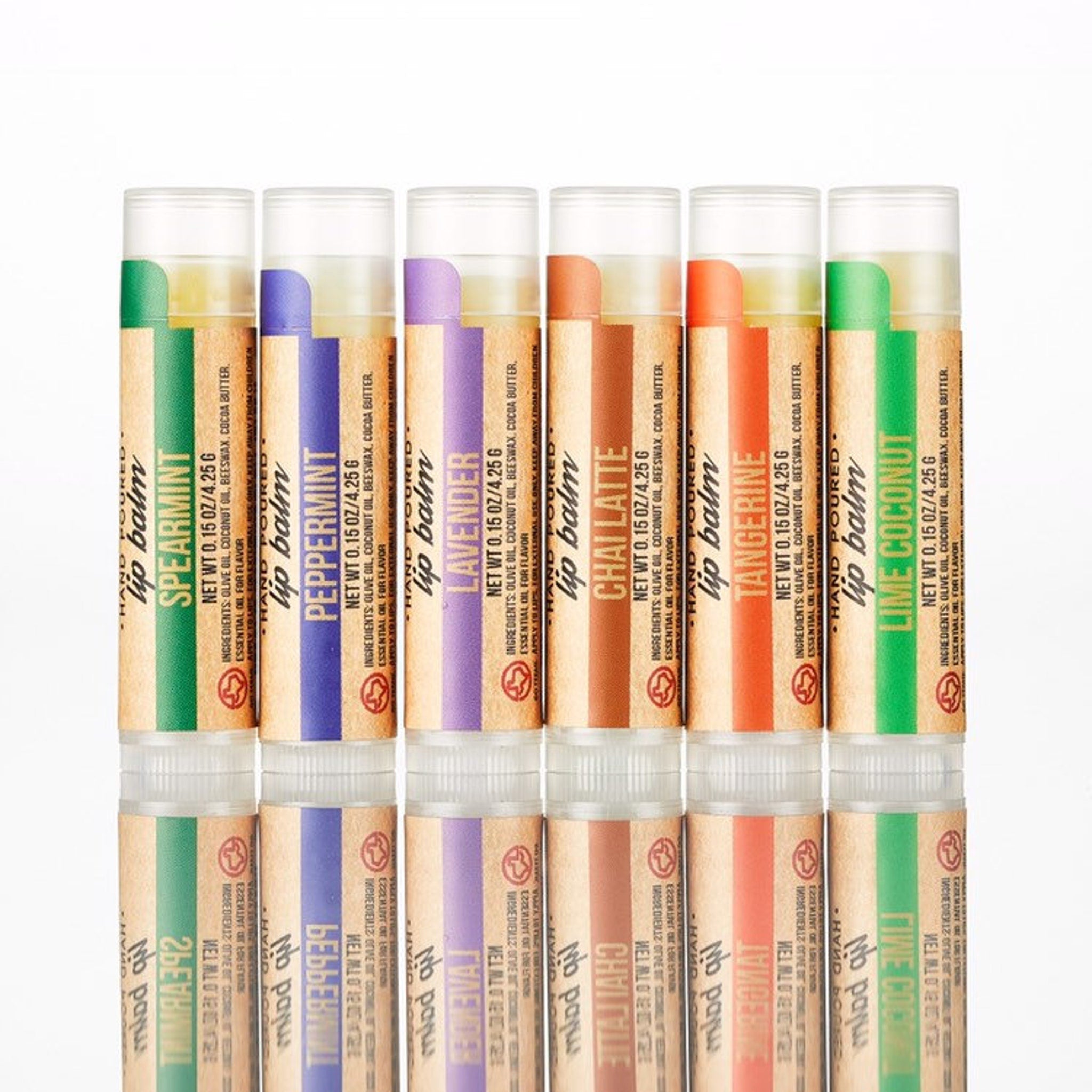 Lip balm tubes with various colored labels and Sasha's brand text, for lip care