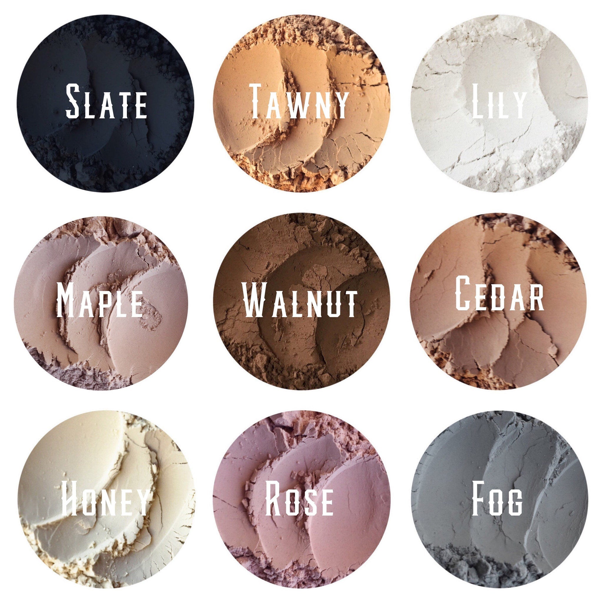 Side view of matte mineral eye shadow loose powder in earthy tones with minimalist eco-friendly packaging