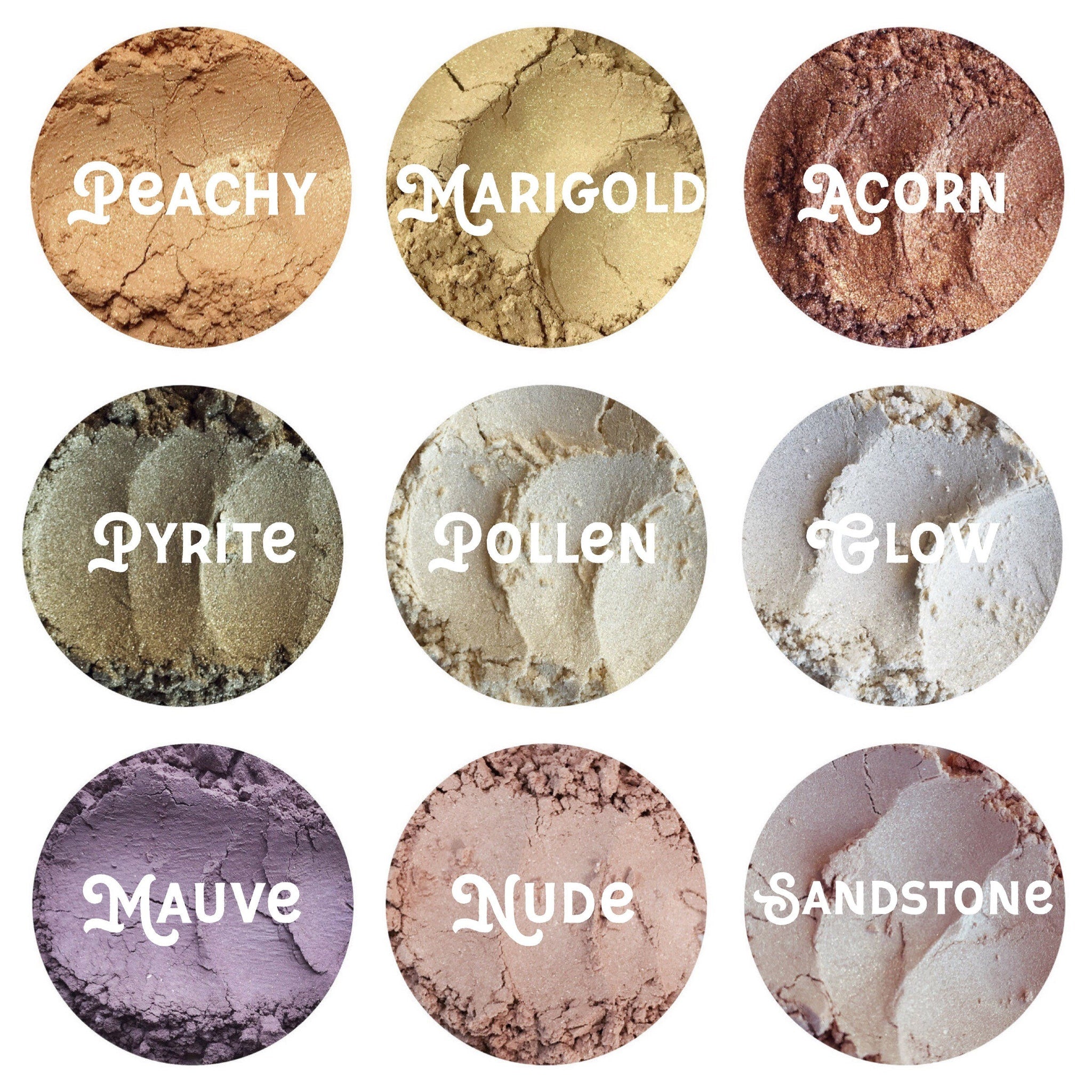 Close-up of loose mineral eye shadow powder in a vegan palette with shimmering earthy tones