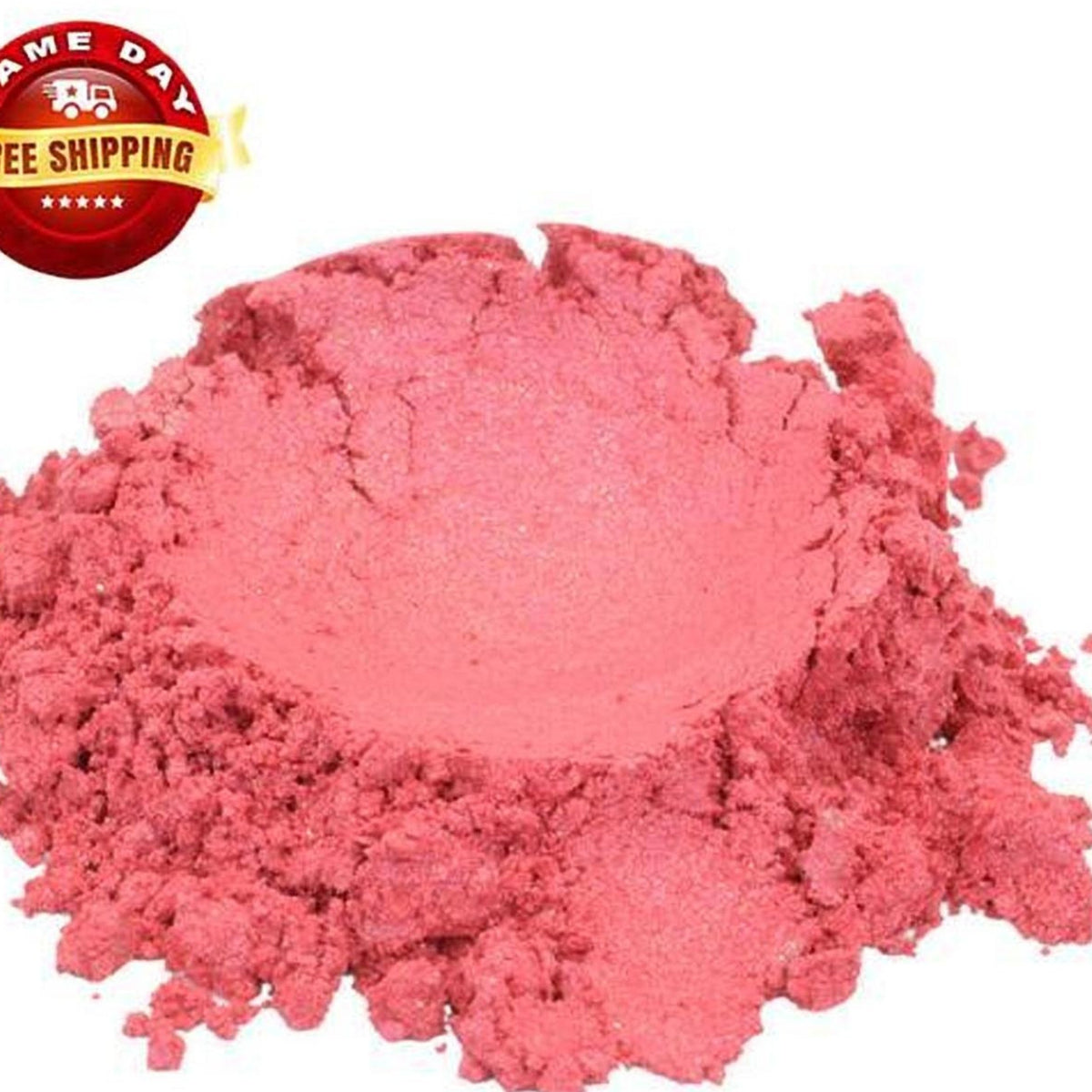 Vibrant raspberry pink shimmery eyeshadow powder in compact with reflective metallic packaging
