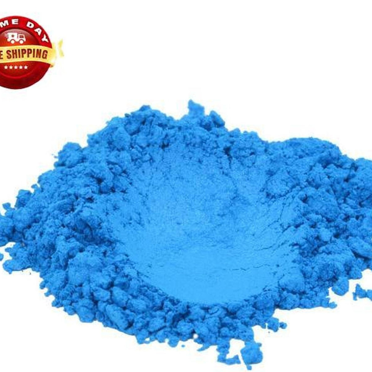 Vibrant blue mica pigment powder in a sleek cylindrical jar with gold lid, showcasing fine shimmer texture.