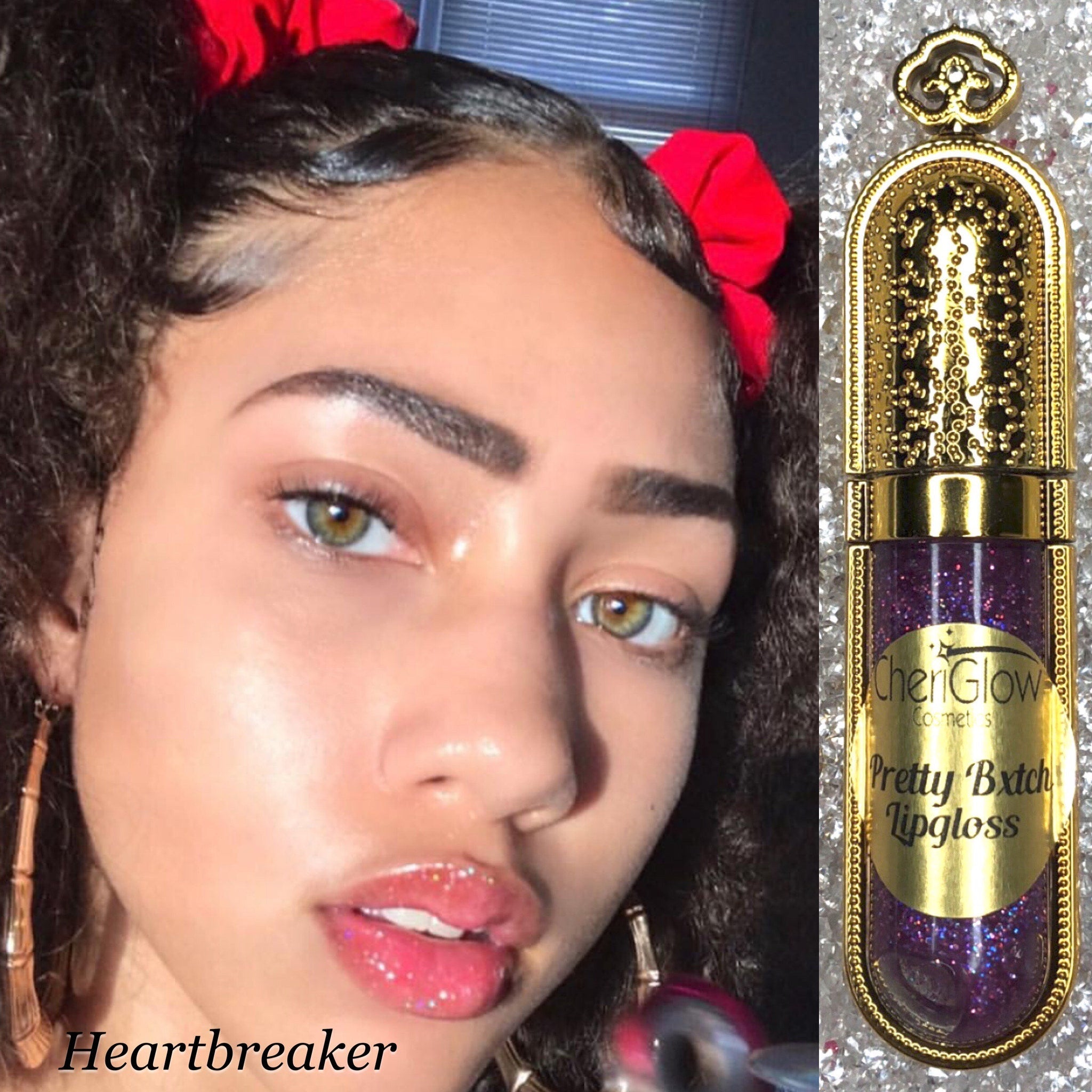 Lipgloss with purple glitter, gold casing, and CheriGlow brand name on display with a person's face
