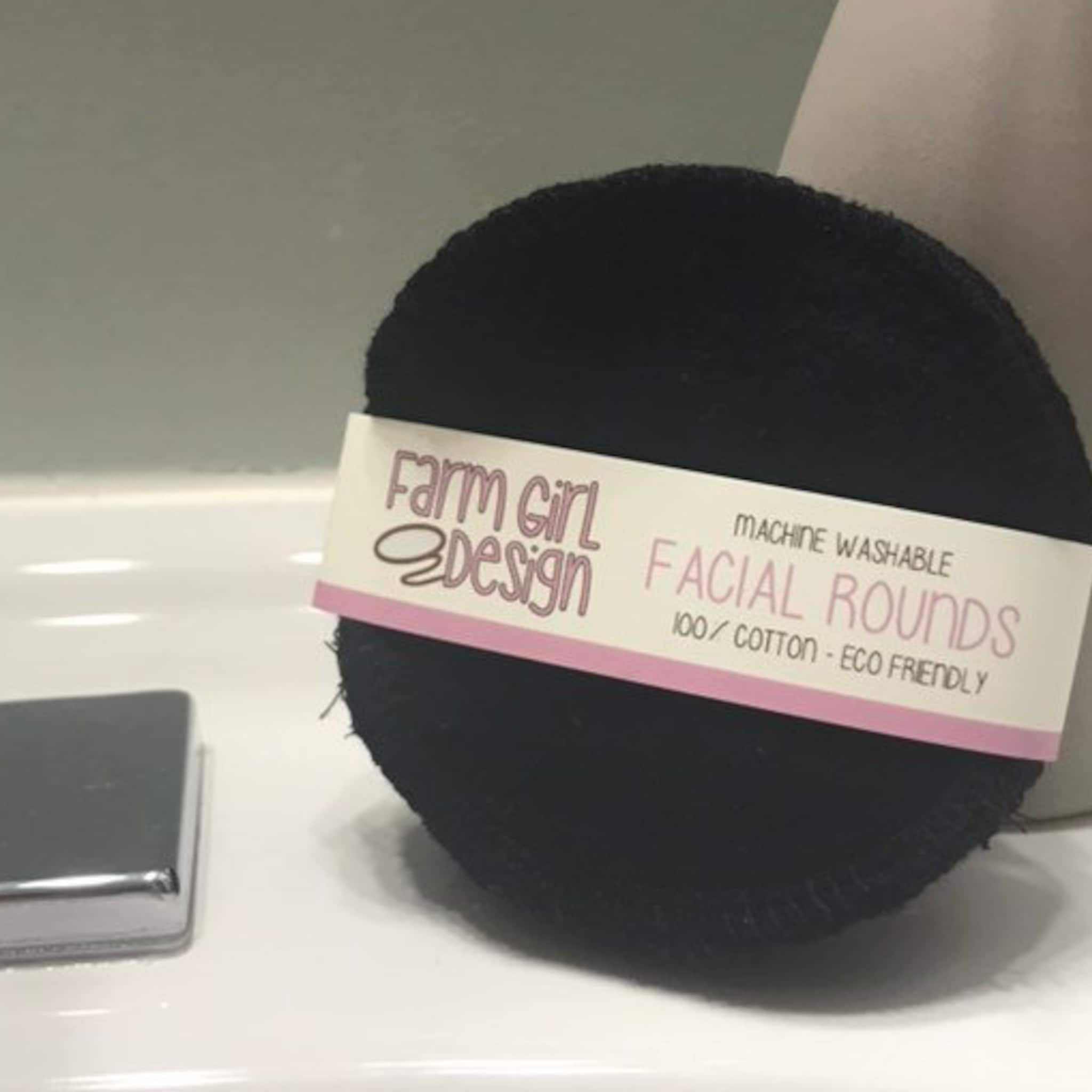 Facial rounds, black cotton rounds with Farm Girl Design label, on bathroom counter