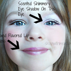 Eye shadow and lip gloss applied, shimmery eye shadow, pink lip gloss, shopwithmemam text visible