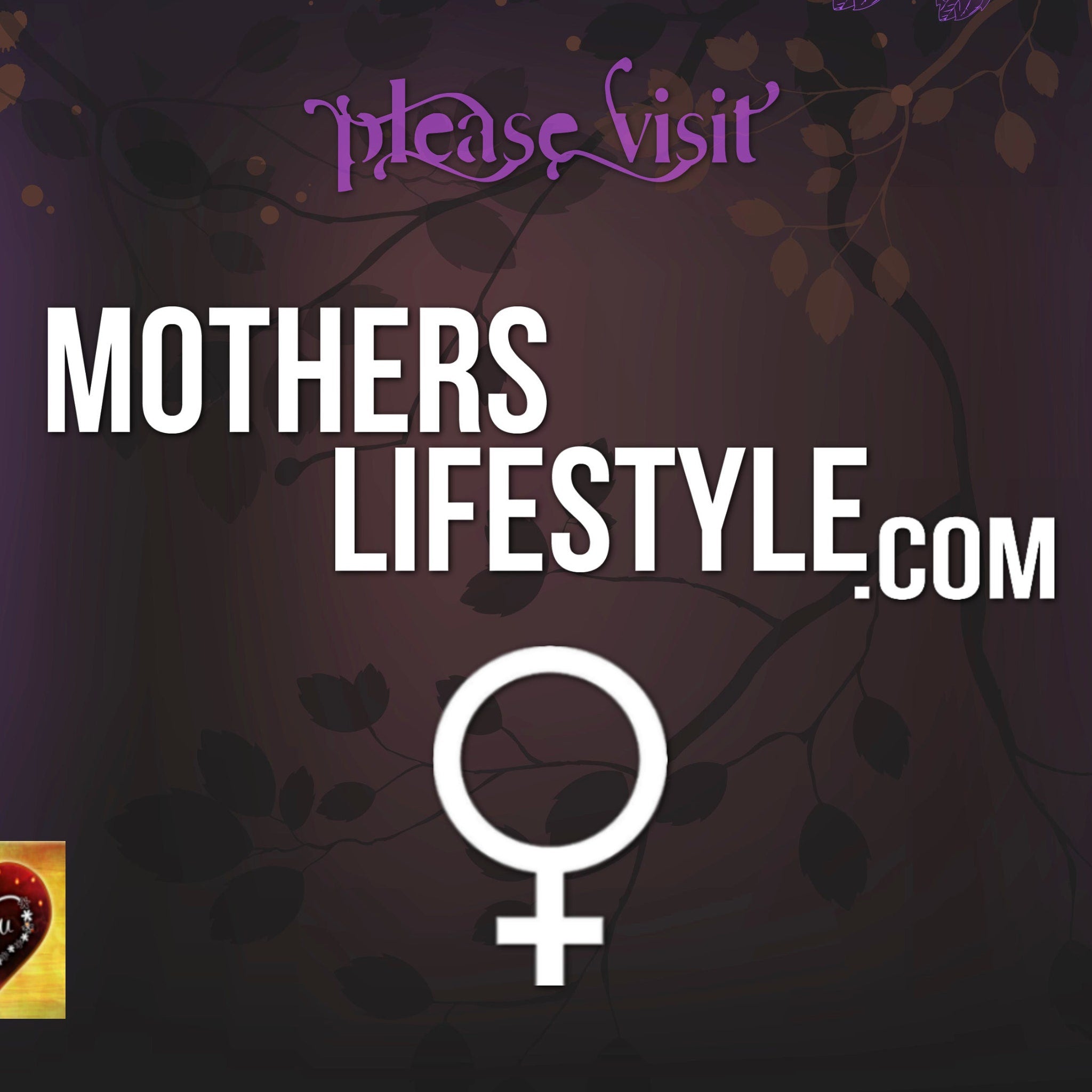 Mothers Lifestyle website logo with white text, purple script, and female symbol on dark background