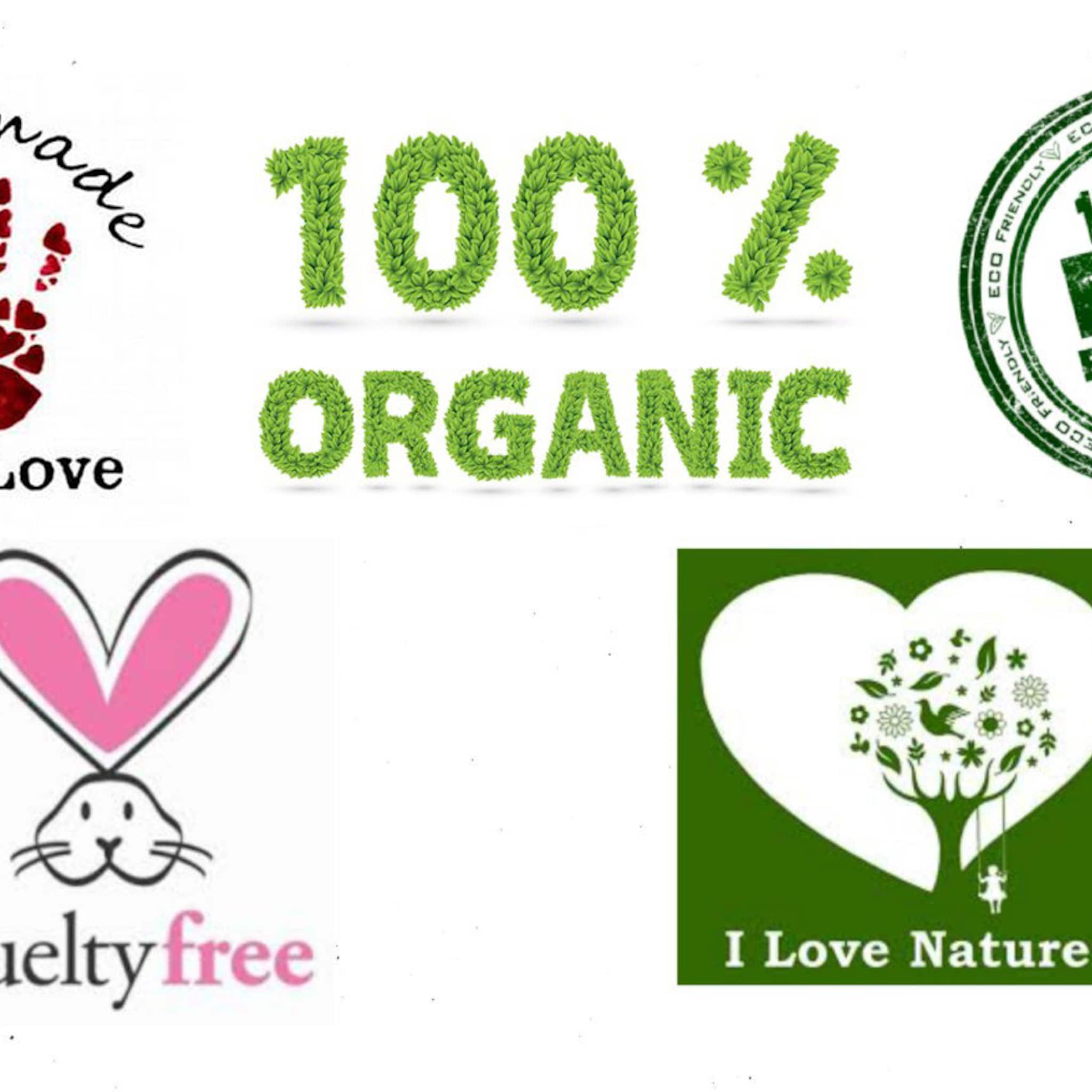 Organic text with green leaf letters, white background, and "100% ORGANIC" displayed