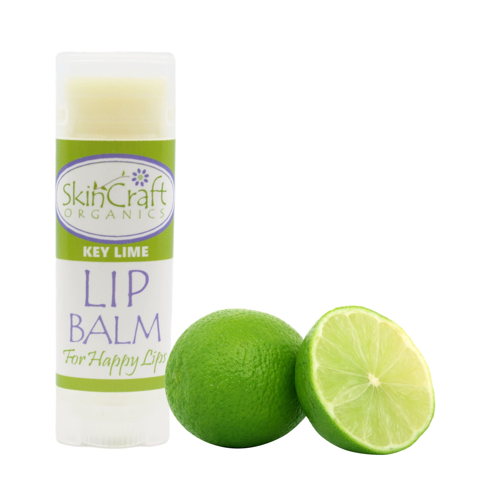 Lip balm tube with green and white label, key lime fruit, Skin Craft Organics brand