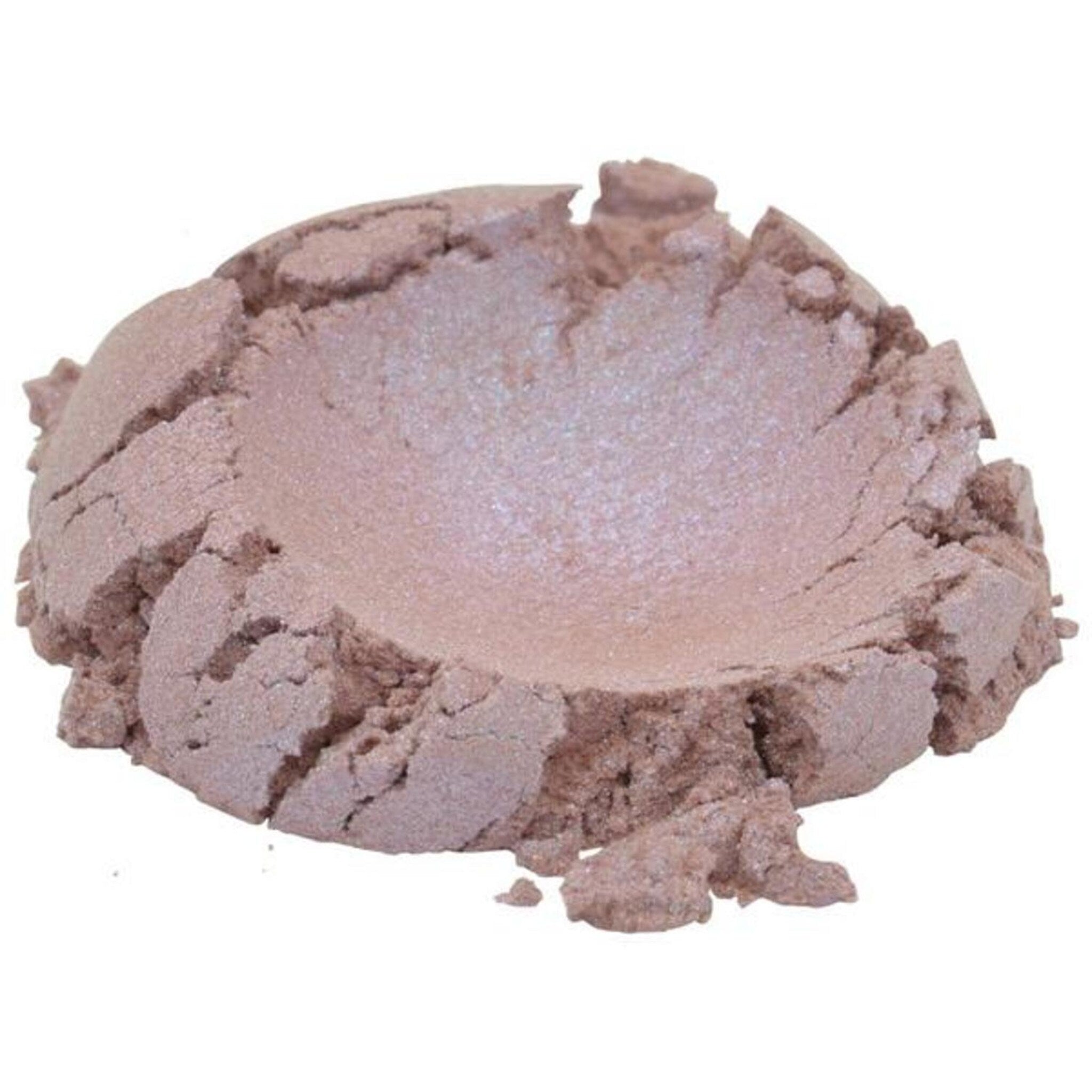 Powder eyeshadow in light mauve color with a shimmery finish and crumbly texture.