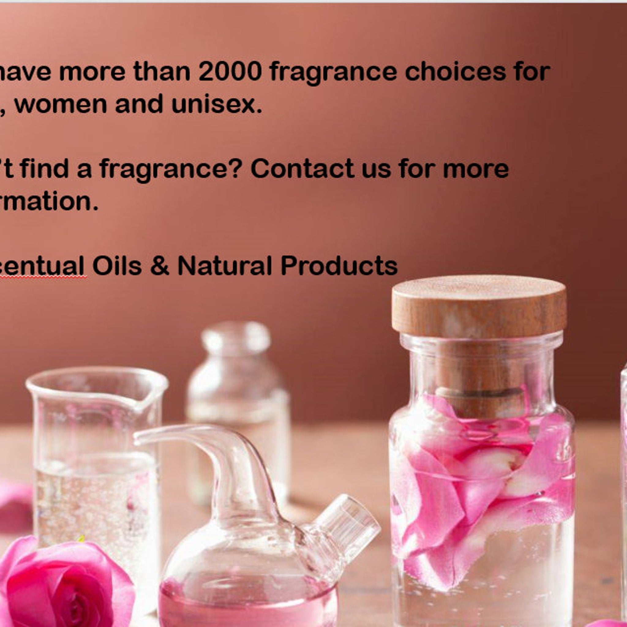 Essential oils bottles with pink petals, glass and wood tops, for fragrance