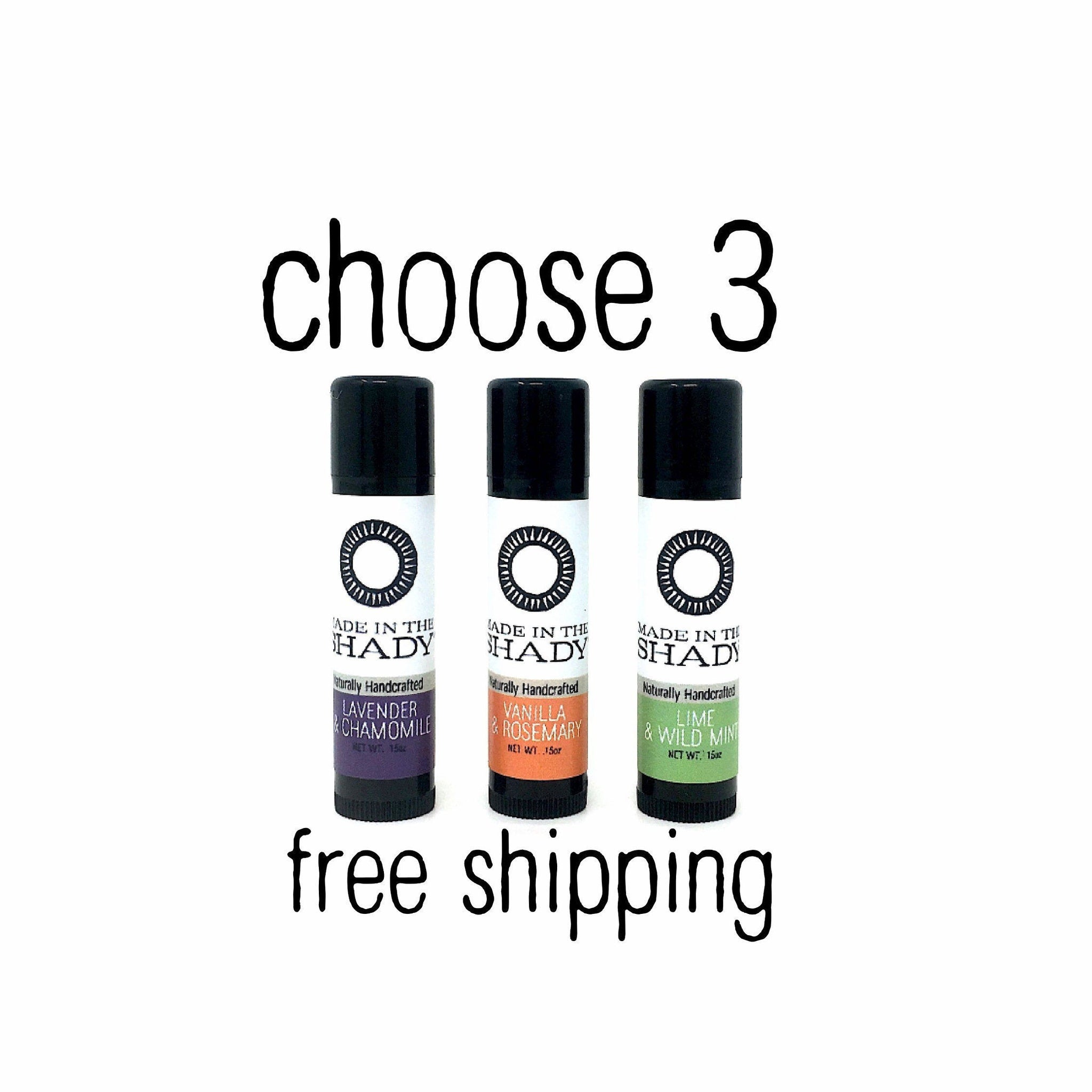 Lip balm tubes with black caps, white labels, and MADE IN THE SHADY text, three flavor options shown