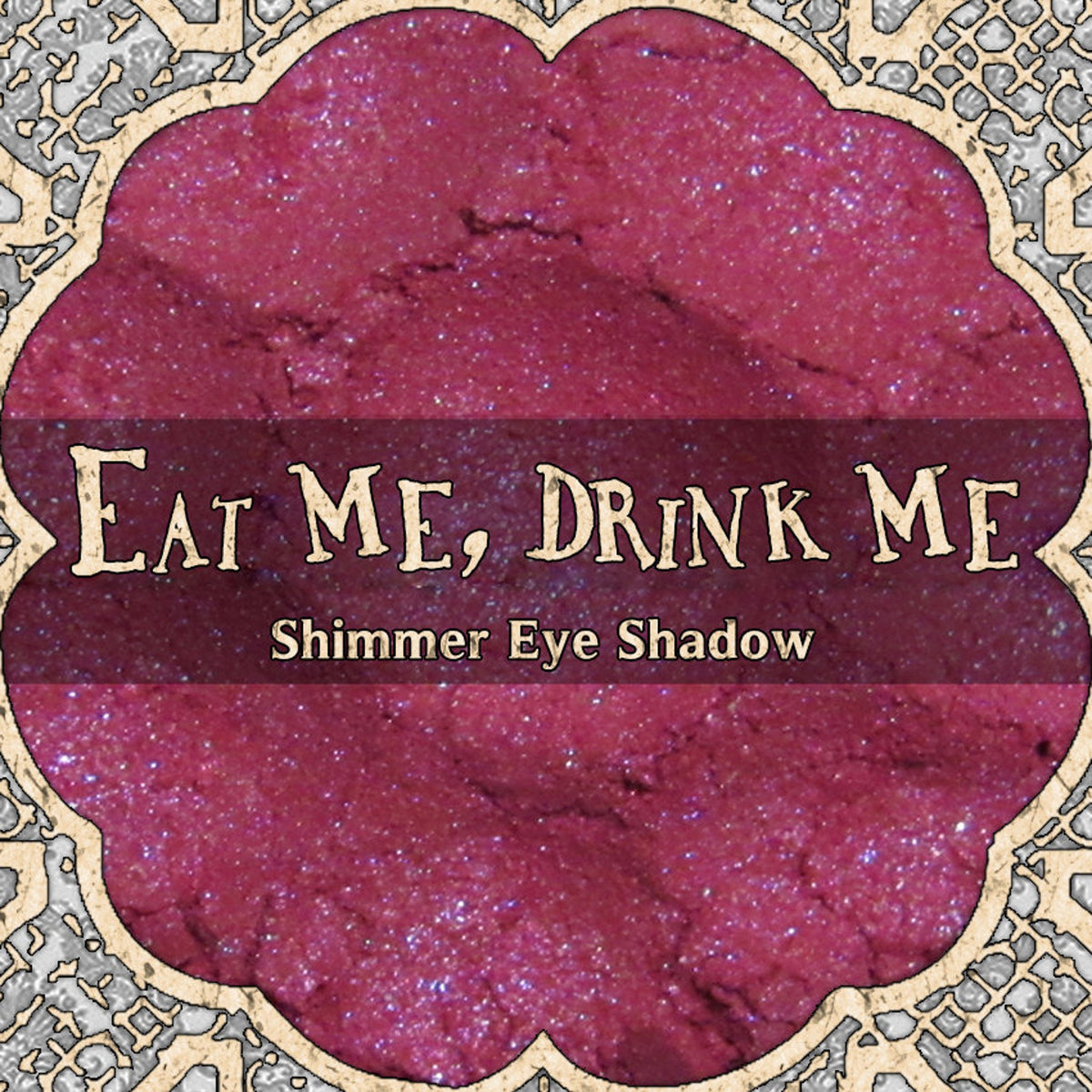 Vegan eyeshadow jar with cool pink and purple duochrome shimmer powder, showcasing metallic shift in light